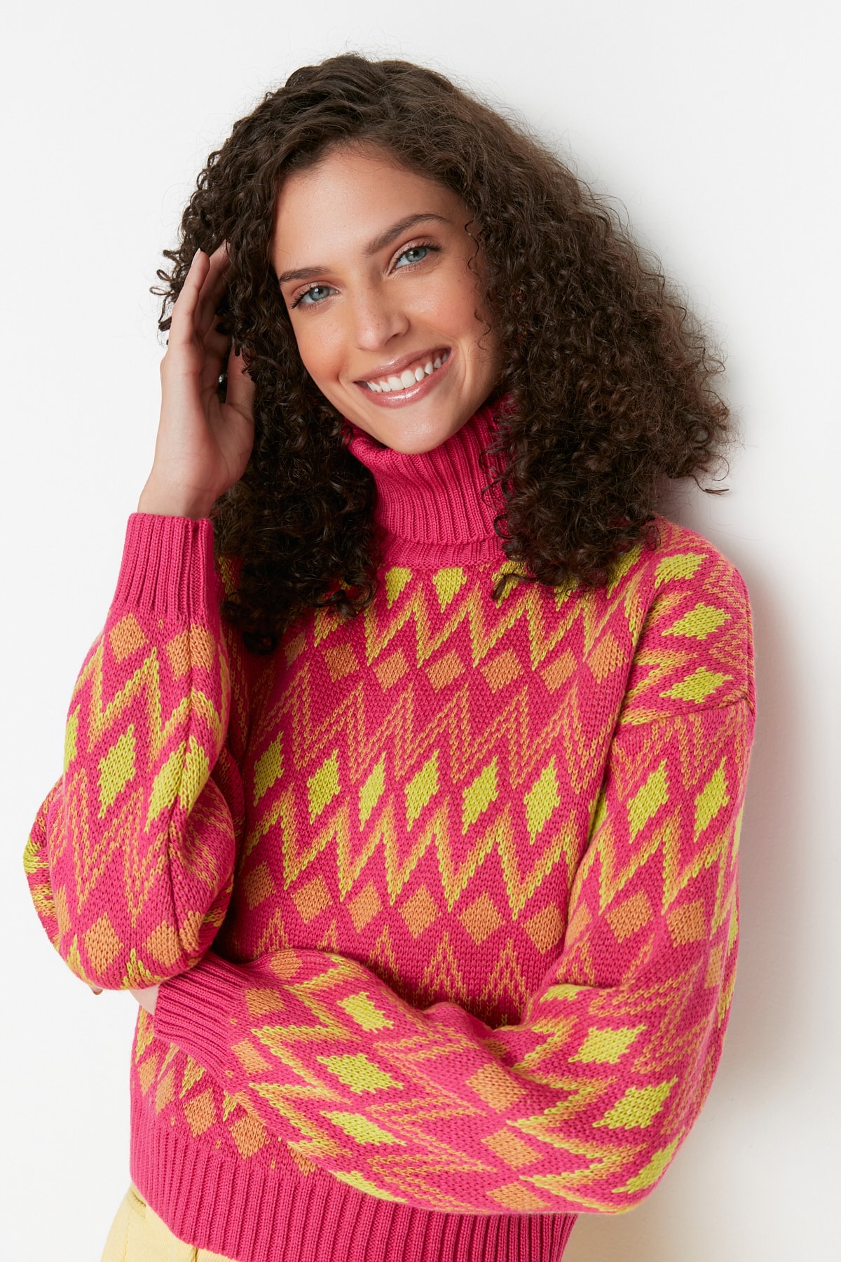Trendyol Fuchsia Geometric Pattern Knitwear Sweater