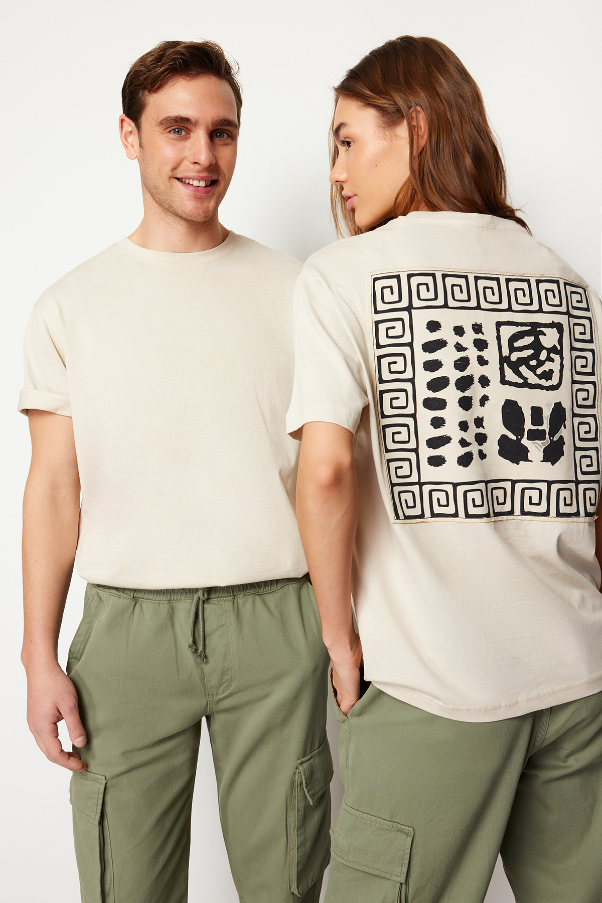 Levně Trendyol Stone Relaxed/Comfortable Cut Back Patch Detailed Printed 100% Cotton T-shirt