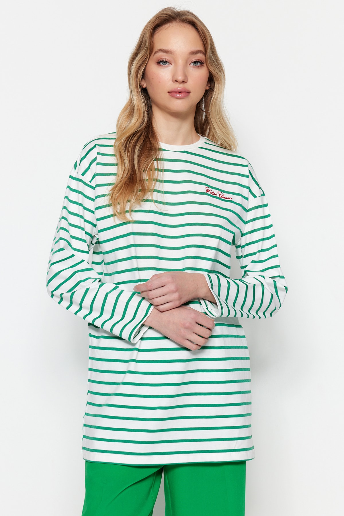 Trendyol Green Striped Embroidery Detailed Knitted Tunic