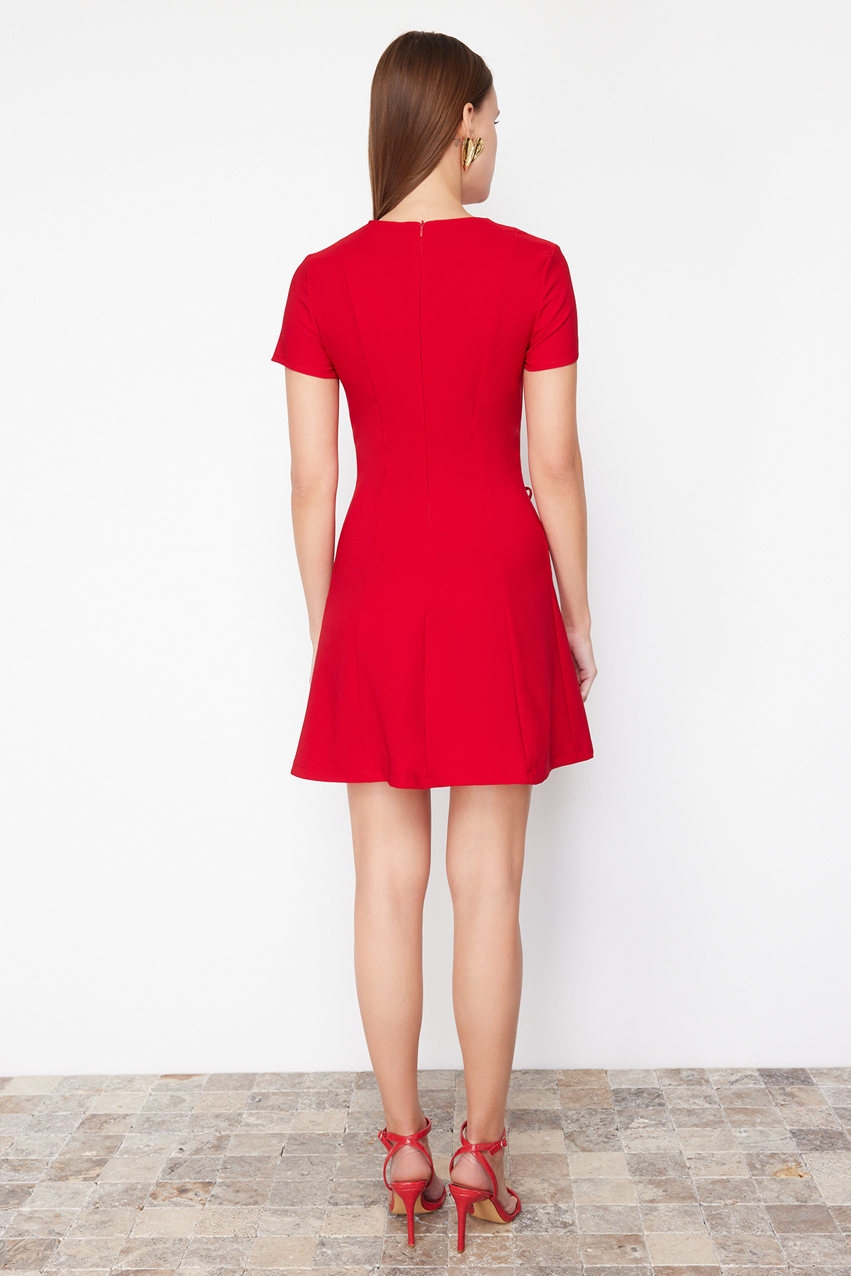 Trendyol Red Skirt Waist Opening Bow Detail Mini Woven Dress