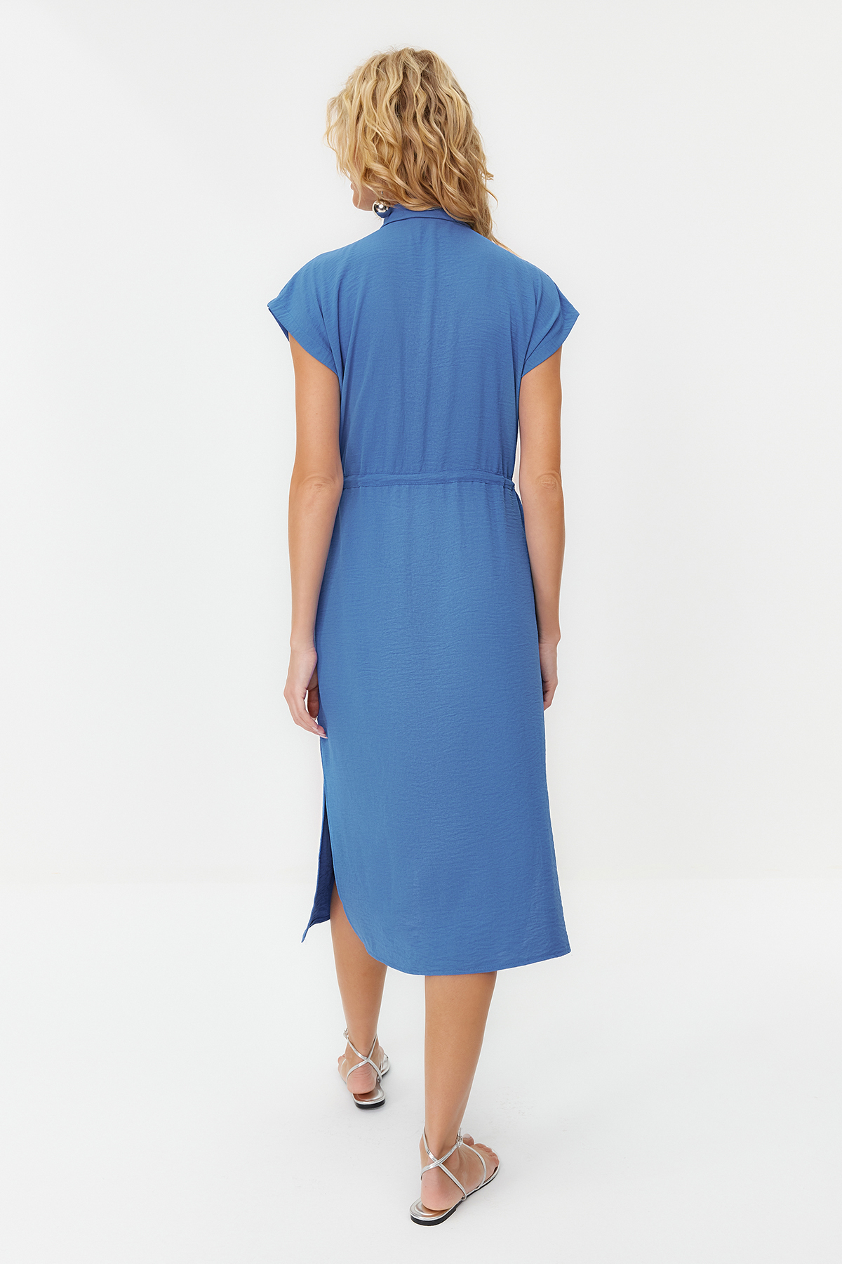 Trendyol Dark Blue Gathered Waist Pocket Detailed Aerobin Midi Woven Dress