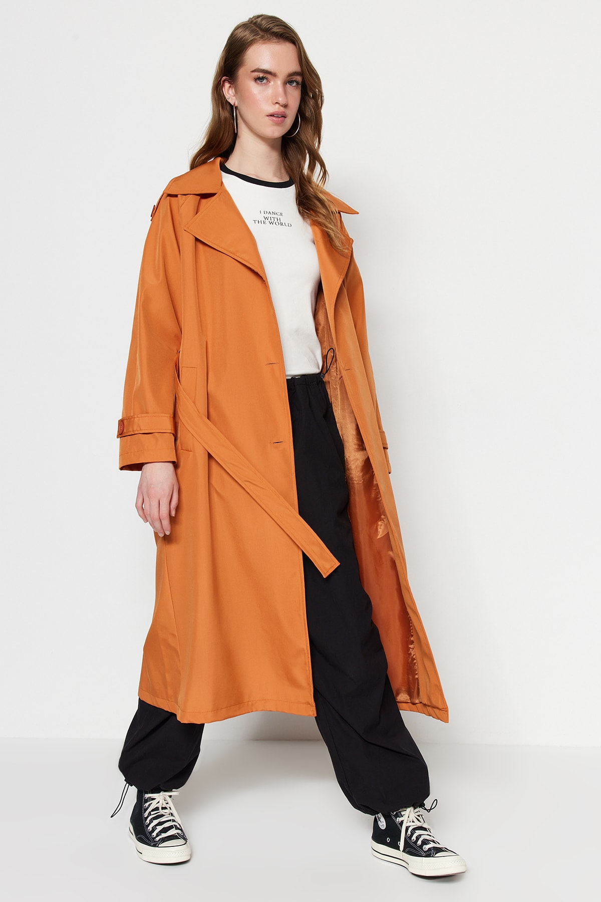 Trendyol Tile Waist Belted Woven Lined Trench Coat