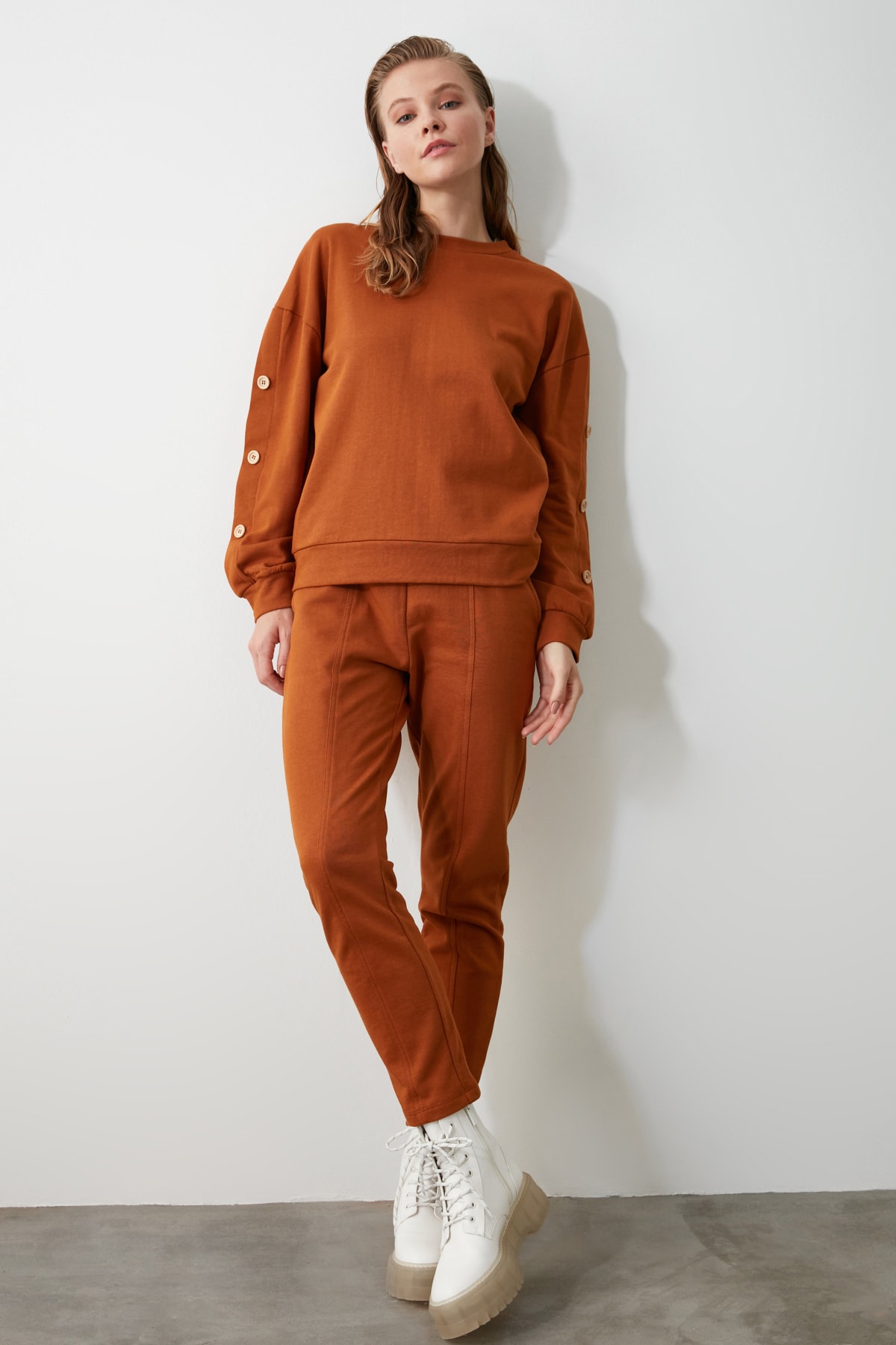 Trendyol Cinnamon 100% Organic Cotton Basic Jogger Knitted Tracksuit bottom