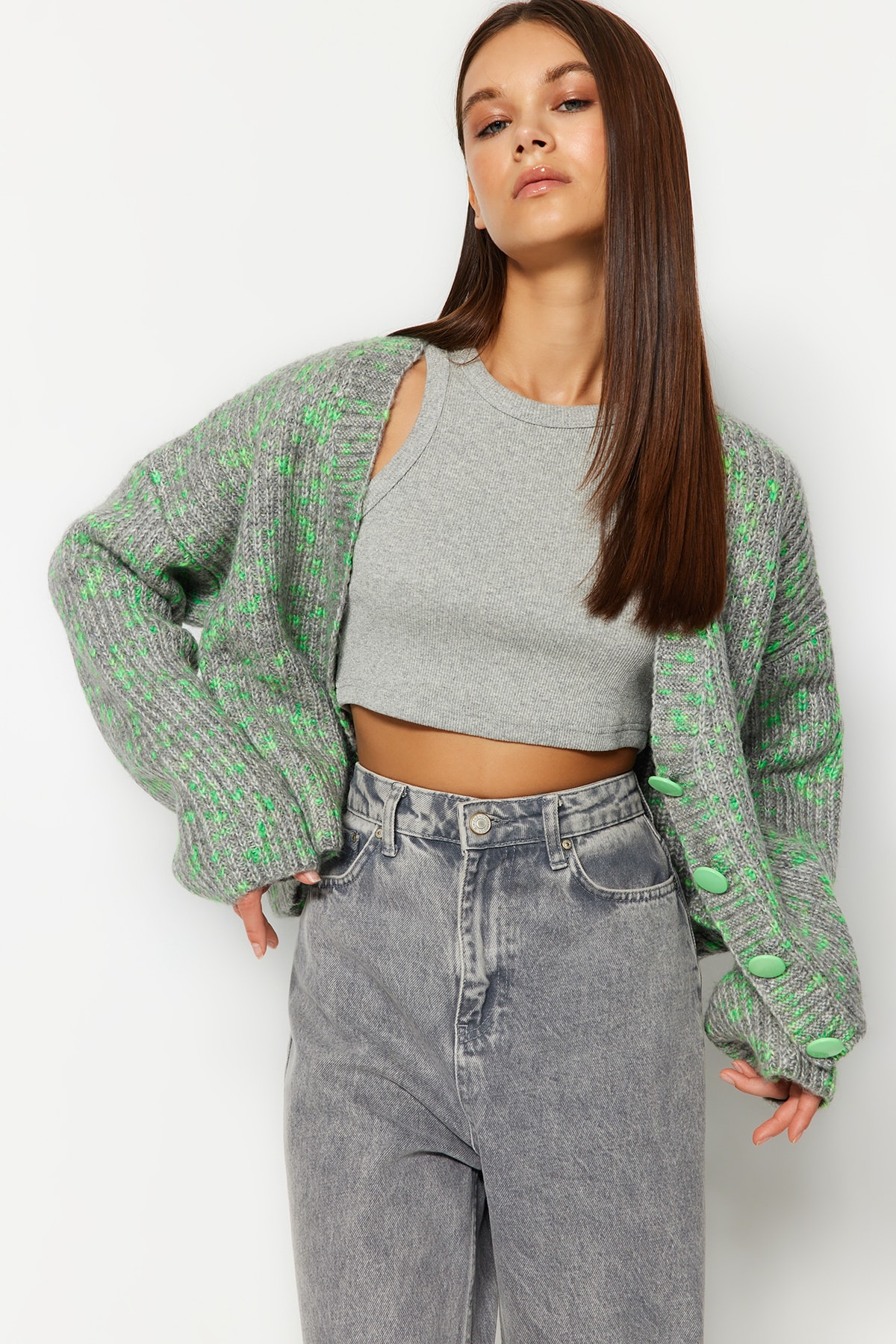 Trendyol Gray Soft Textured Gradient Knitwear Cardigan