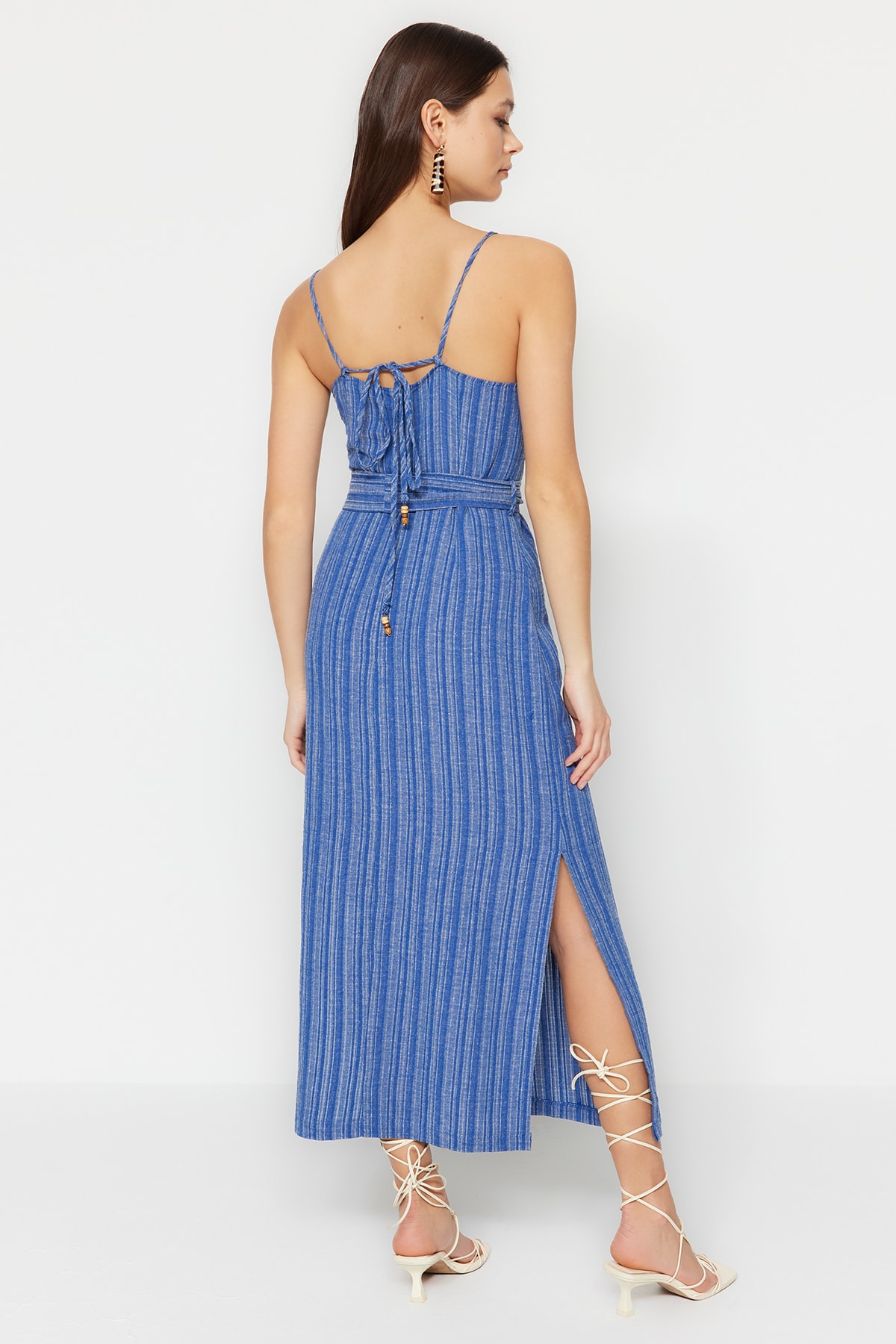 Trendyol Indigo Belted Straight Cut Slit Detailed Midi Woven Dress