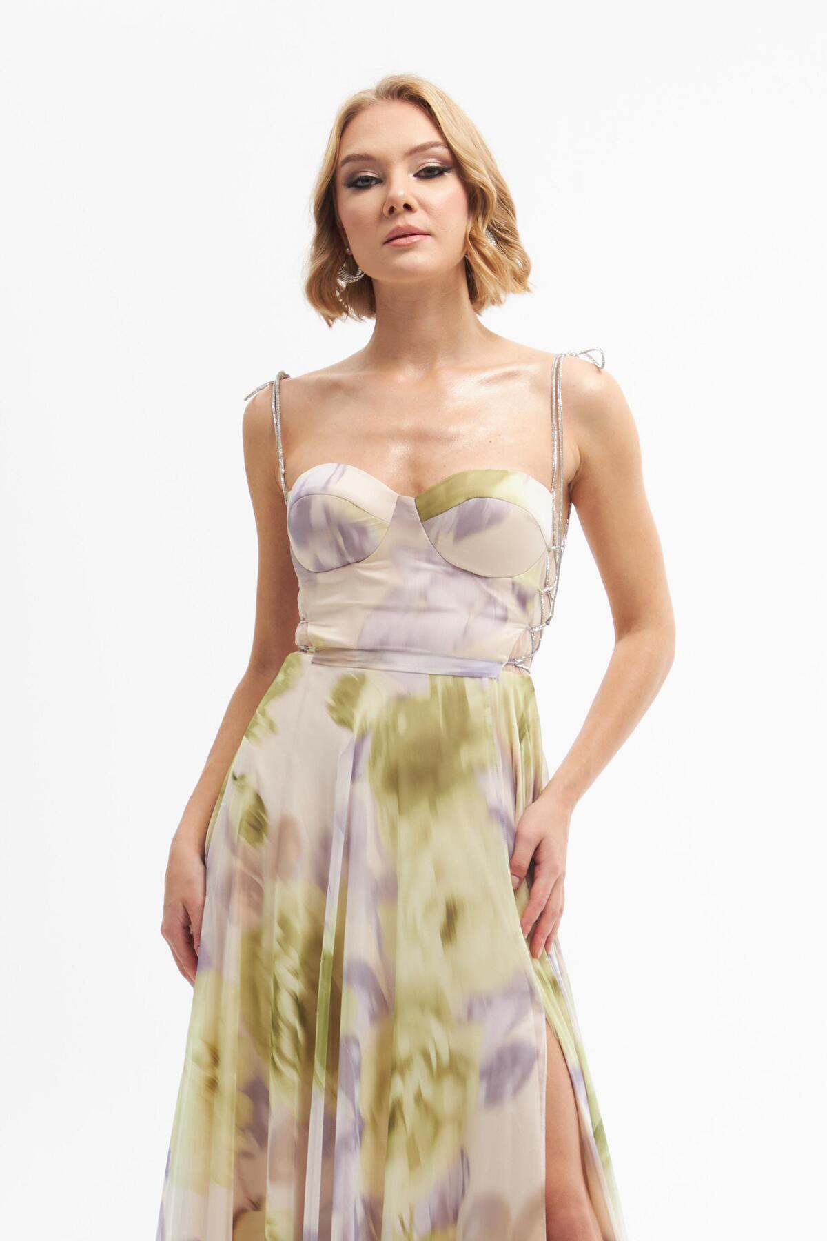 Carmen Pistachio Green Printed Slit Long Evening Dress