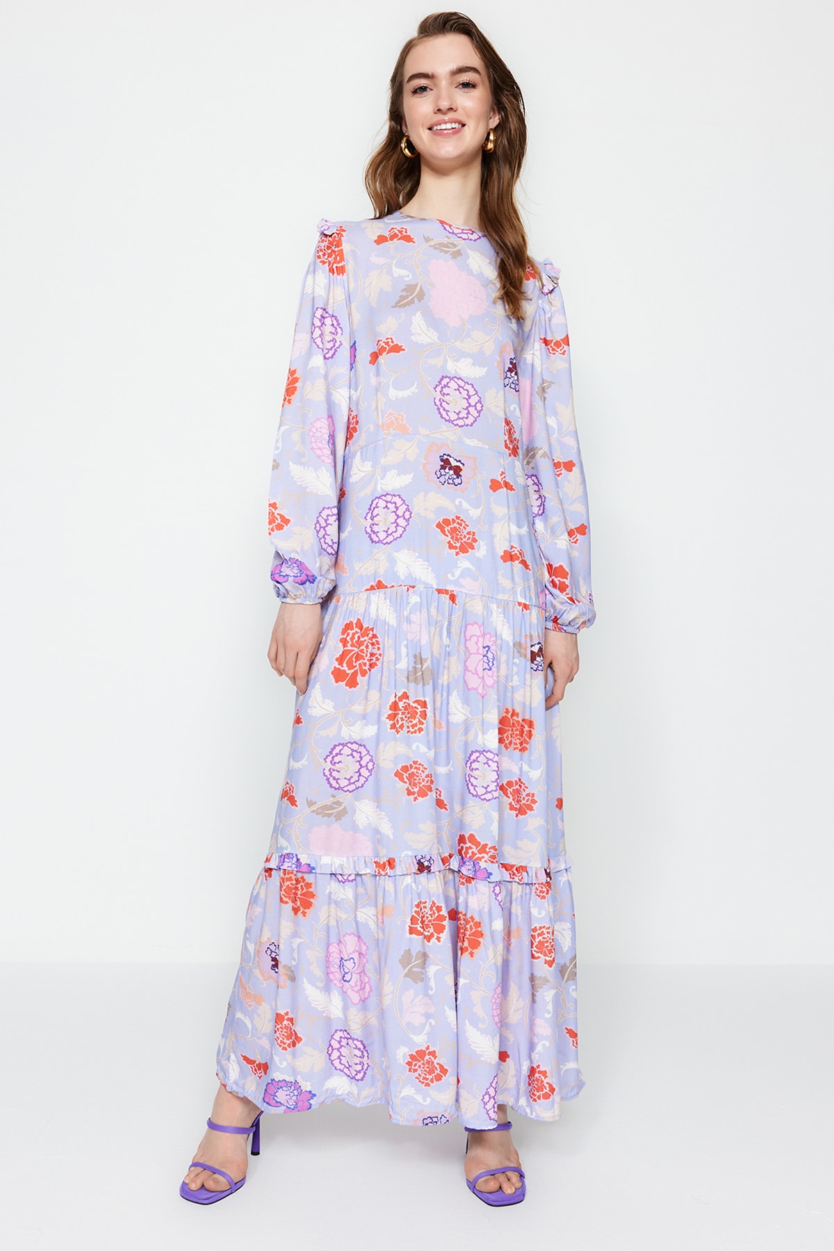 Levně Trendyol lila květinové vzorované tkané šaty s volánky na rameni