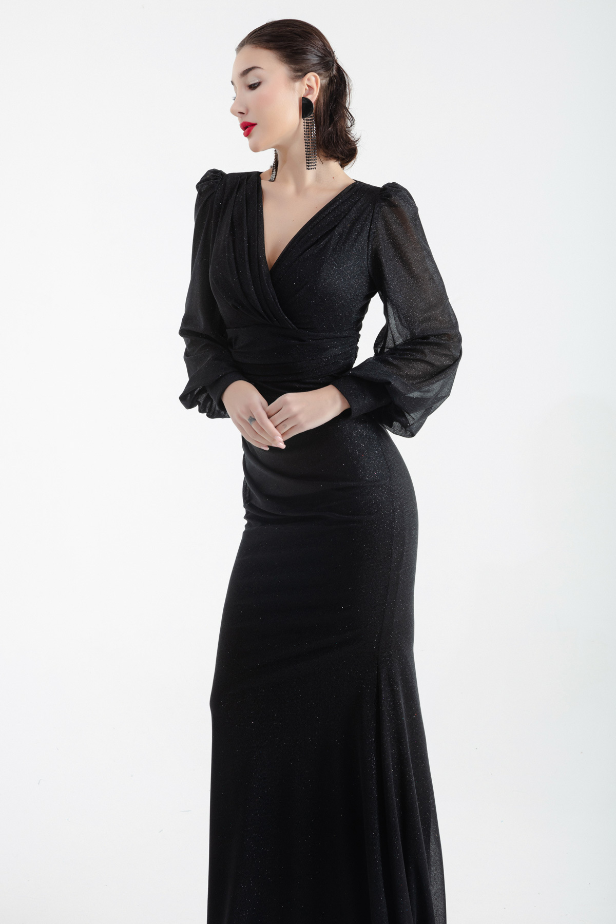 Levně Lafaba Women's Black Double Breasted Neck Silvery Long Evening Dress