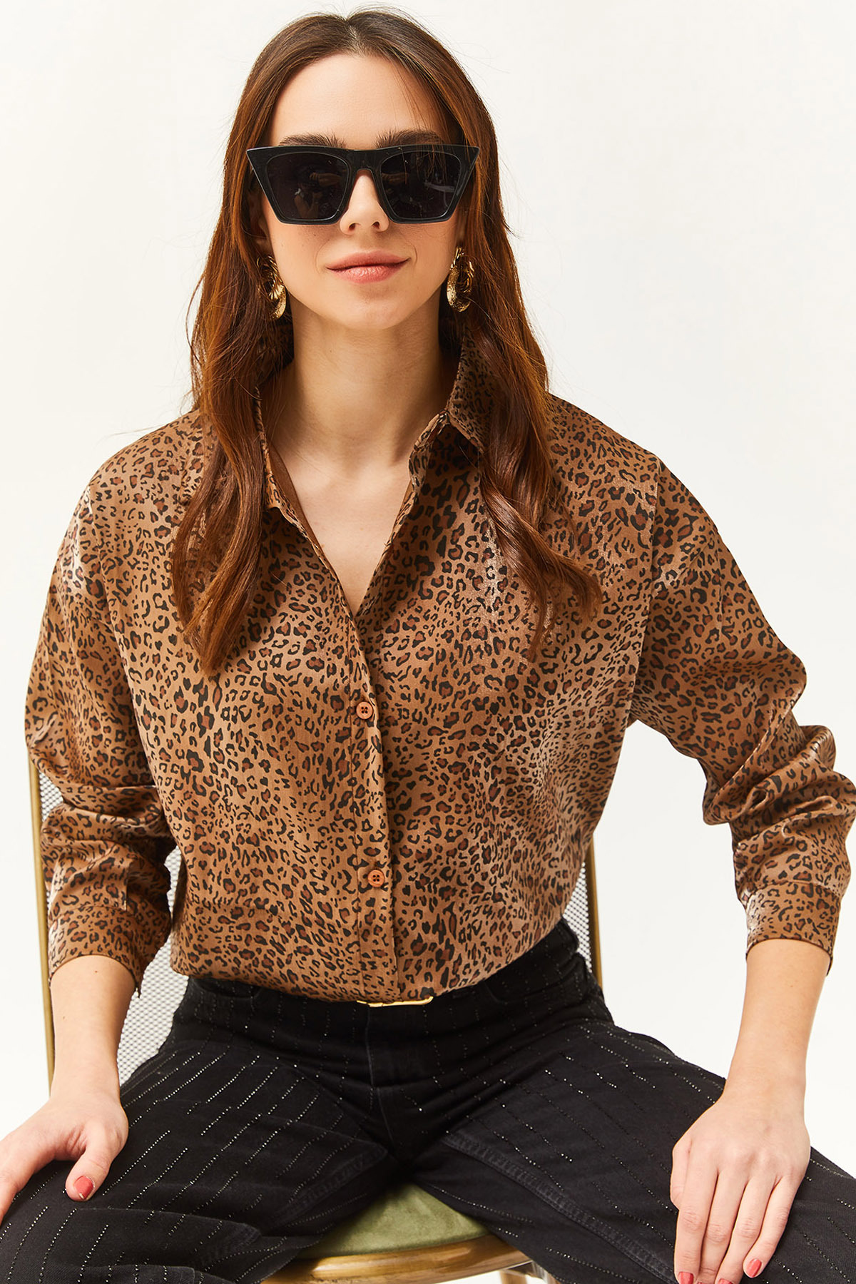 Olalook Women's Brown Satin Surface Animal Print Oversize Shirt