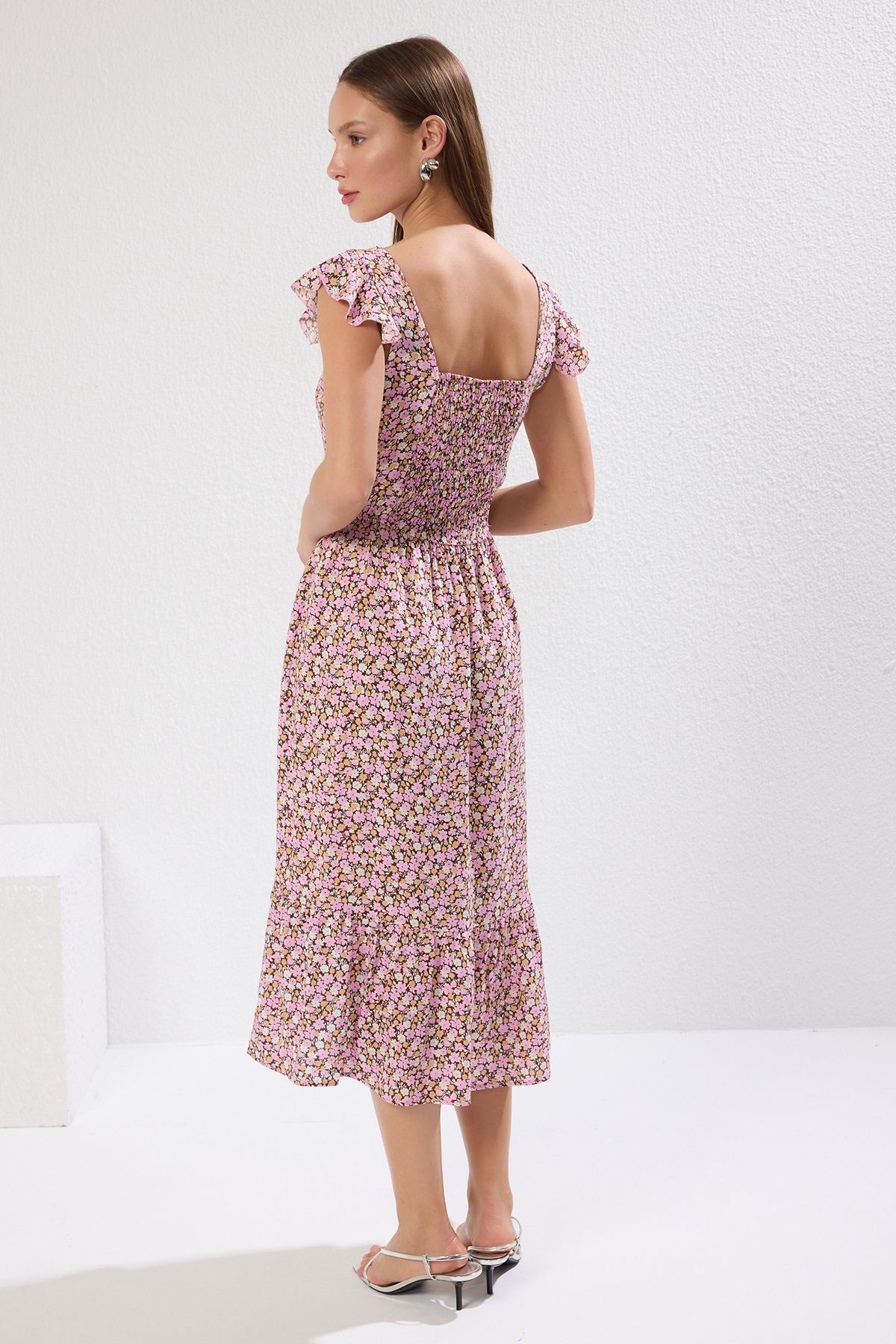 Trendyol Lilac Floral Print Square Collar A-line Viscose Midi Woven Dress