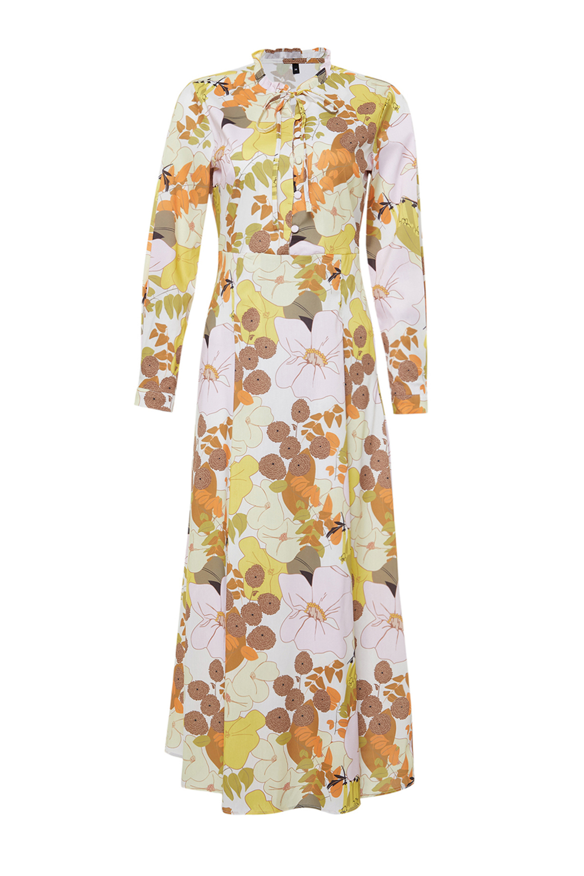 Trendyol Yellow Floral Patterned Flared Skirt Cotton Woven Dress