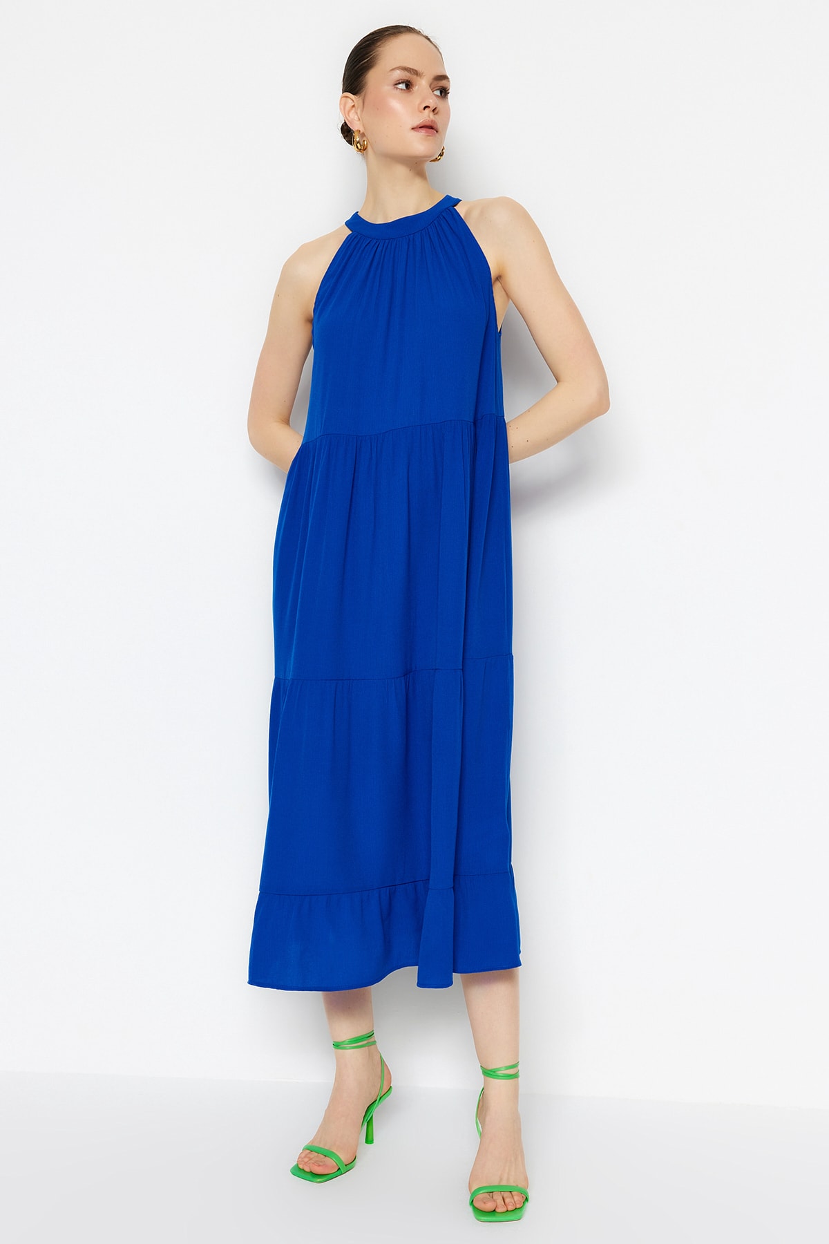 Trendyol Blue Wide Cut Woven Halter Neck Maxi Woven Dress