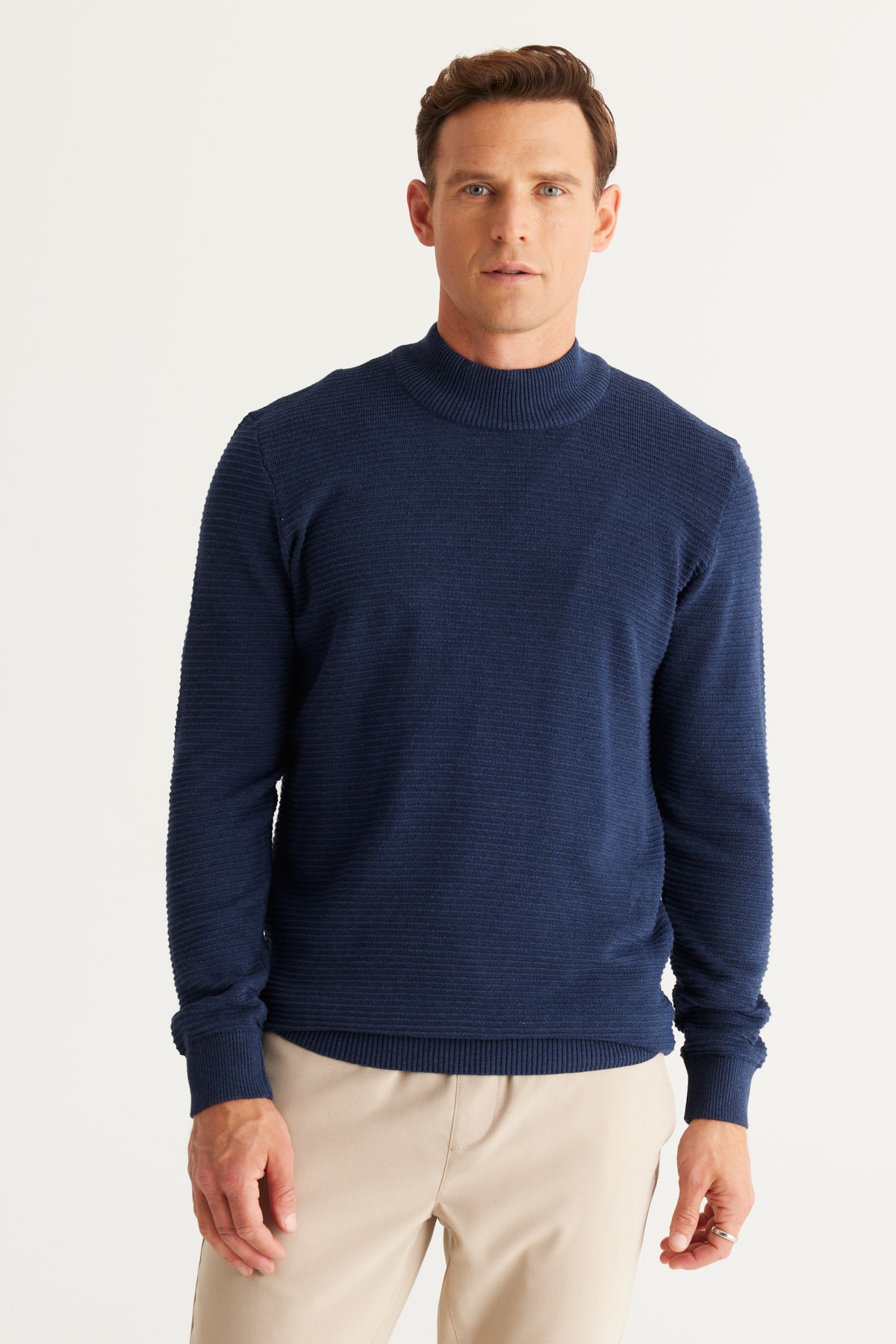 Levně AC&Co / Altınyıldız Classics Men's Indigo Standard Fit Half Turtleneck Cotton Patterned Knitwear Sweater