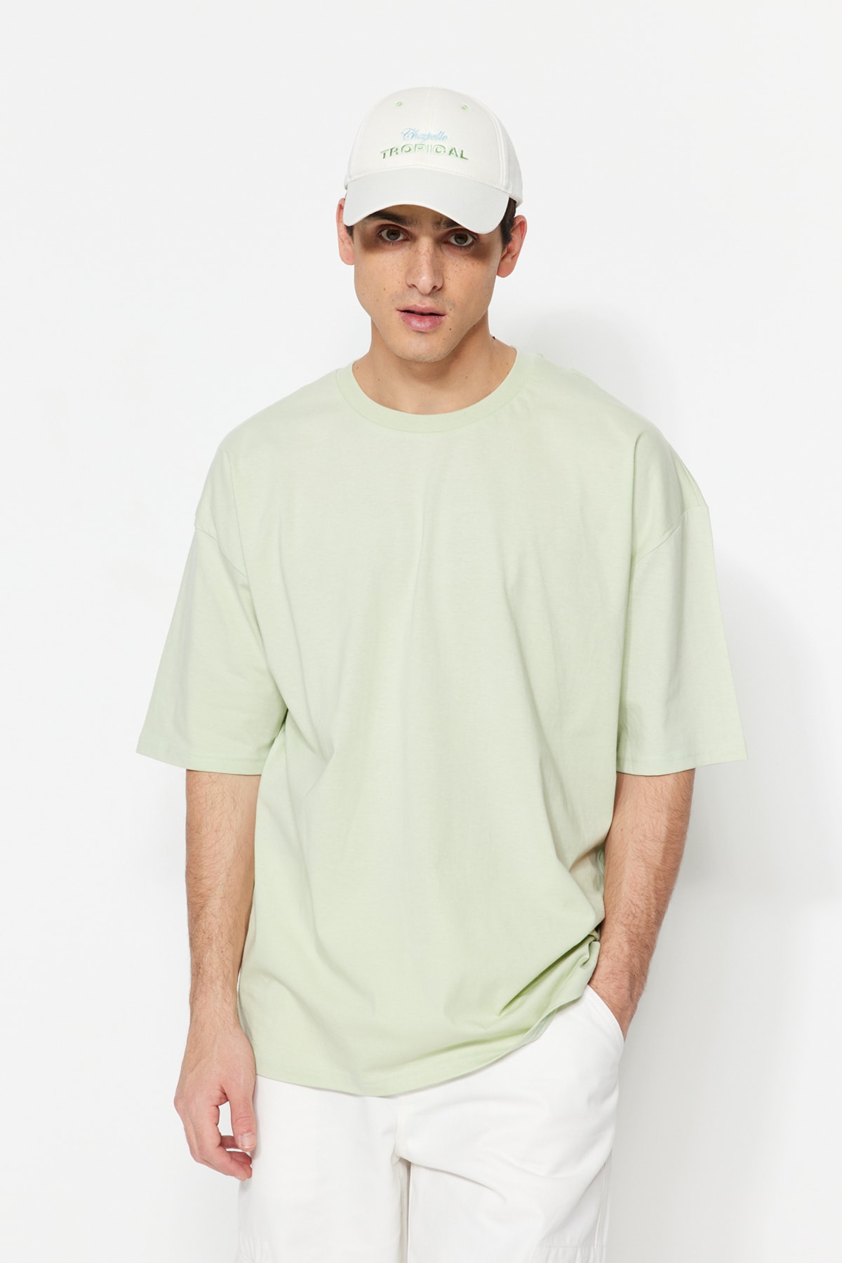 Trendyol Mint Men's Basic 100% Cotton Crew Neck Oversized Short Sleeved T-Shirt.