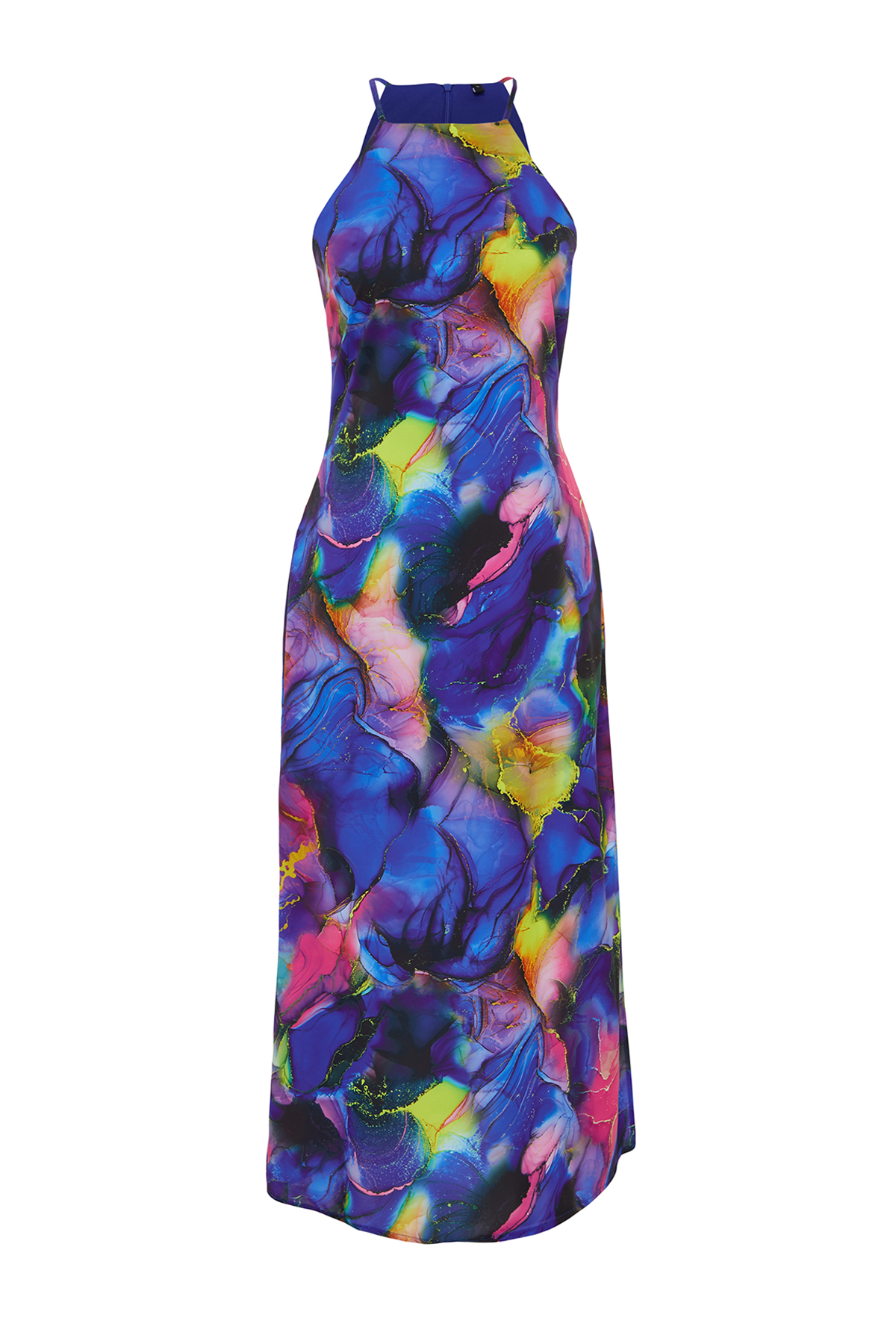 Trendyol Multicolor Floral Print Straight Cut Halter Neck Midi Satin Lined Woven Dress