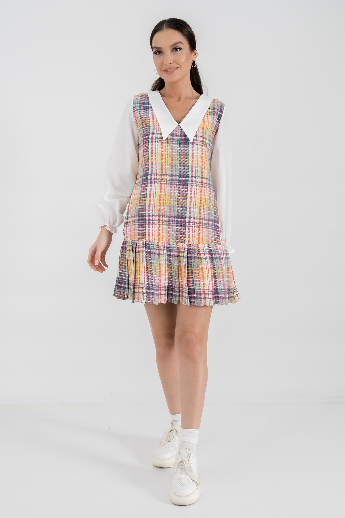 armonika Women's Fuchsia Tweed Skirt Pleat Detailed Shirt Collar Mini Dress