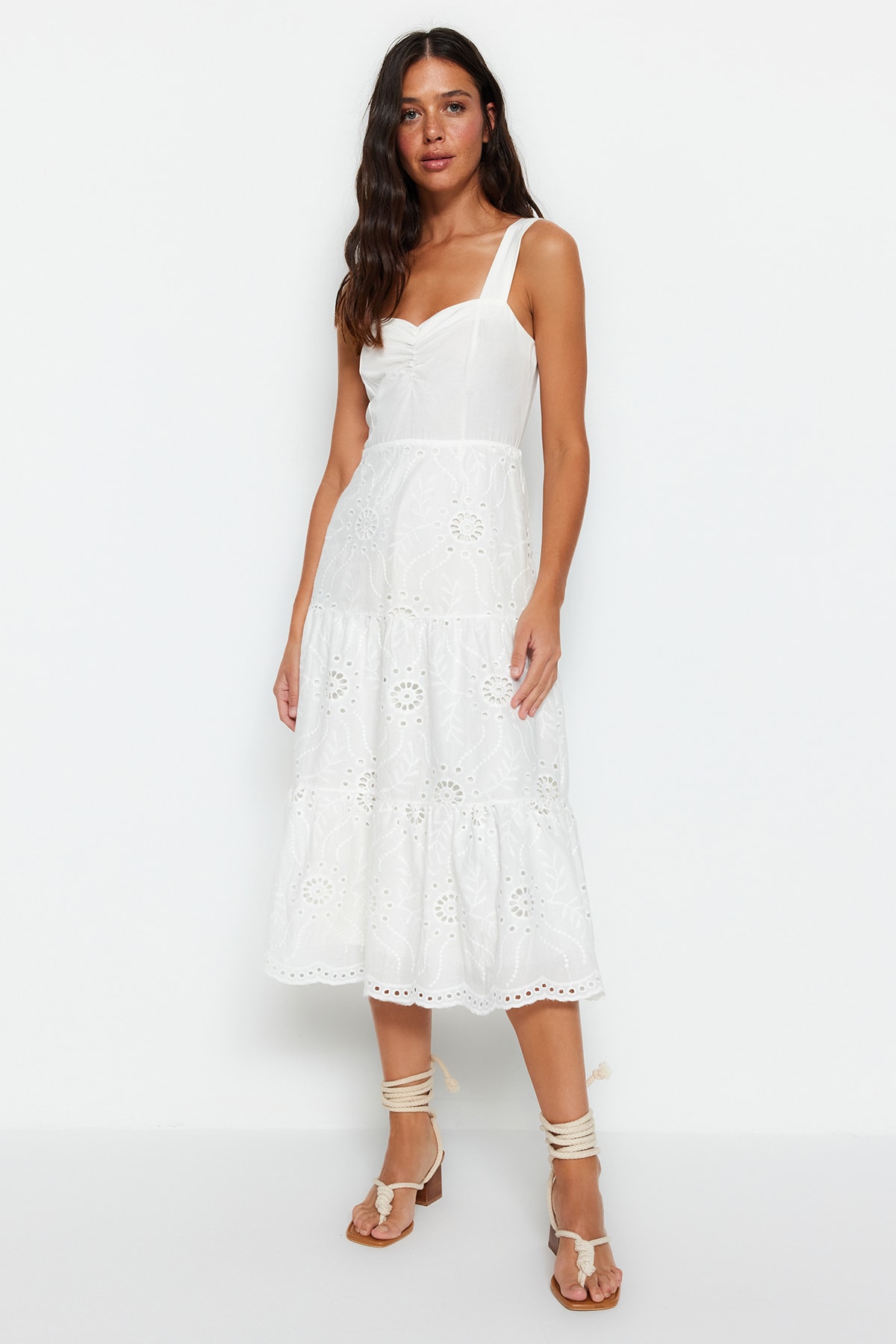 Trendyol White Waist Opening Midi Lined Brode Woven Dress