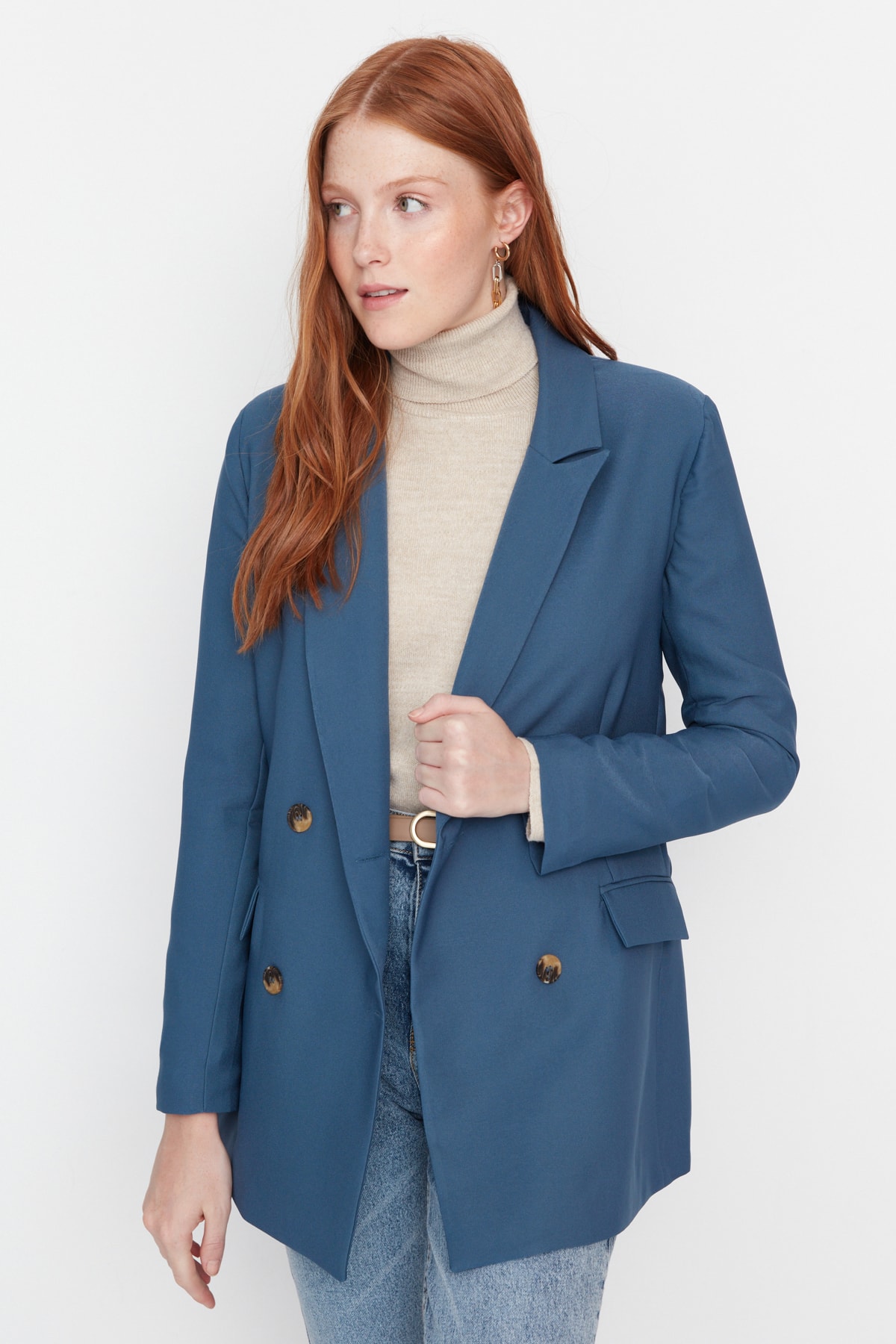 Levně Trendyol Oily Lined Double Breasted Blazer with Closure