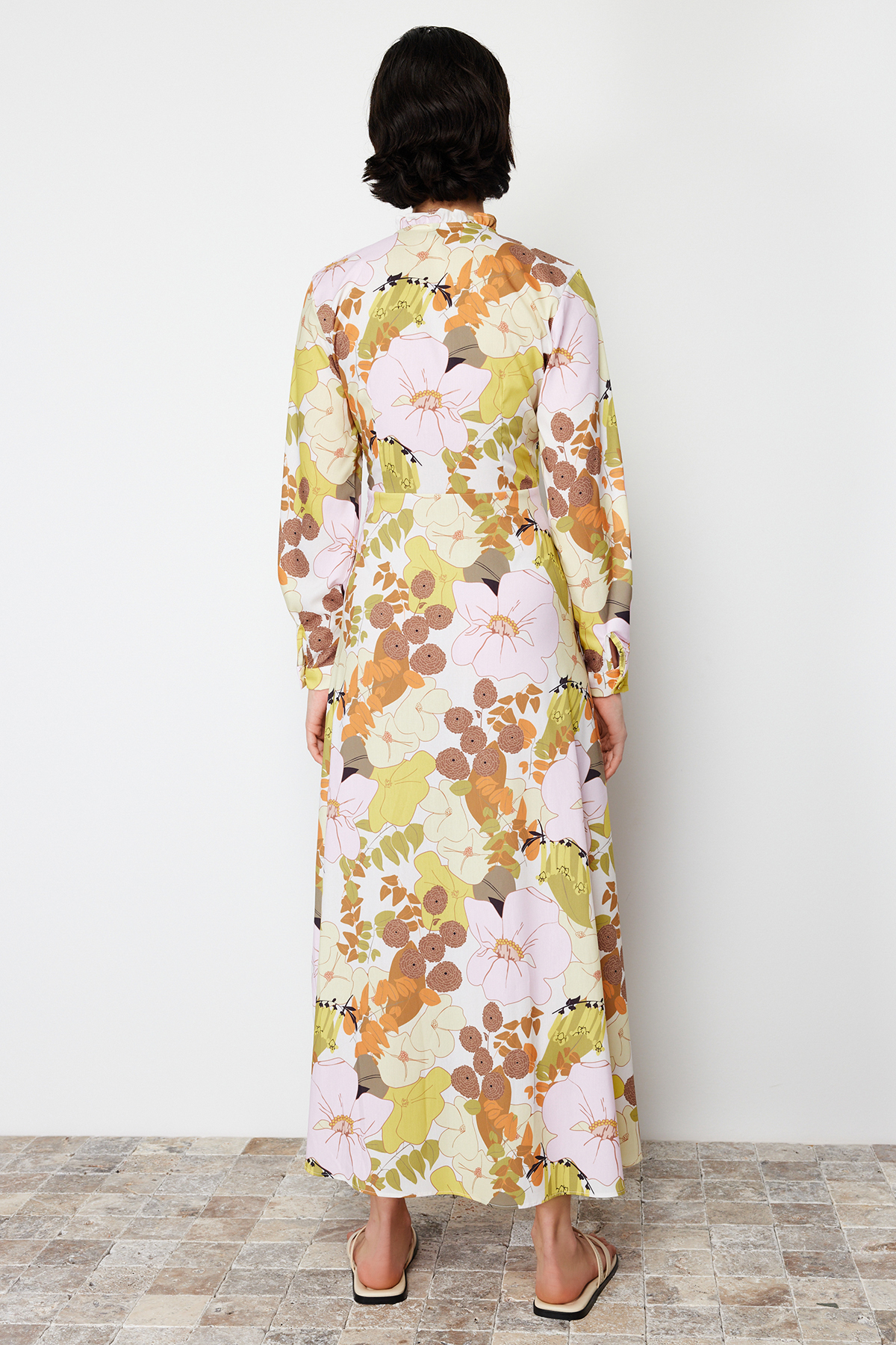 Trendyol Yellow Floral Patterned Flared Skirt Cotton Woven Dress