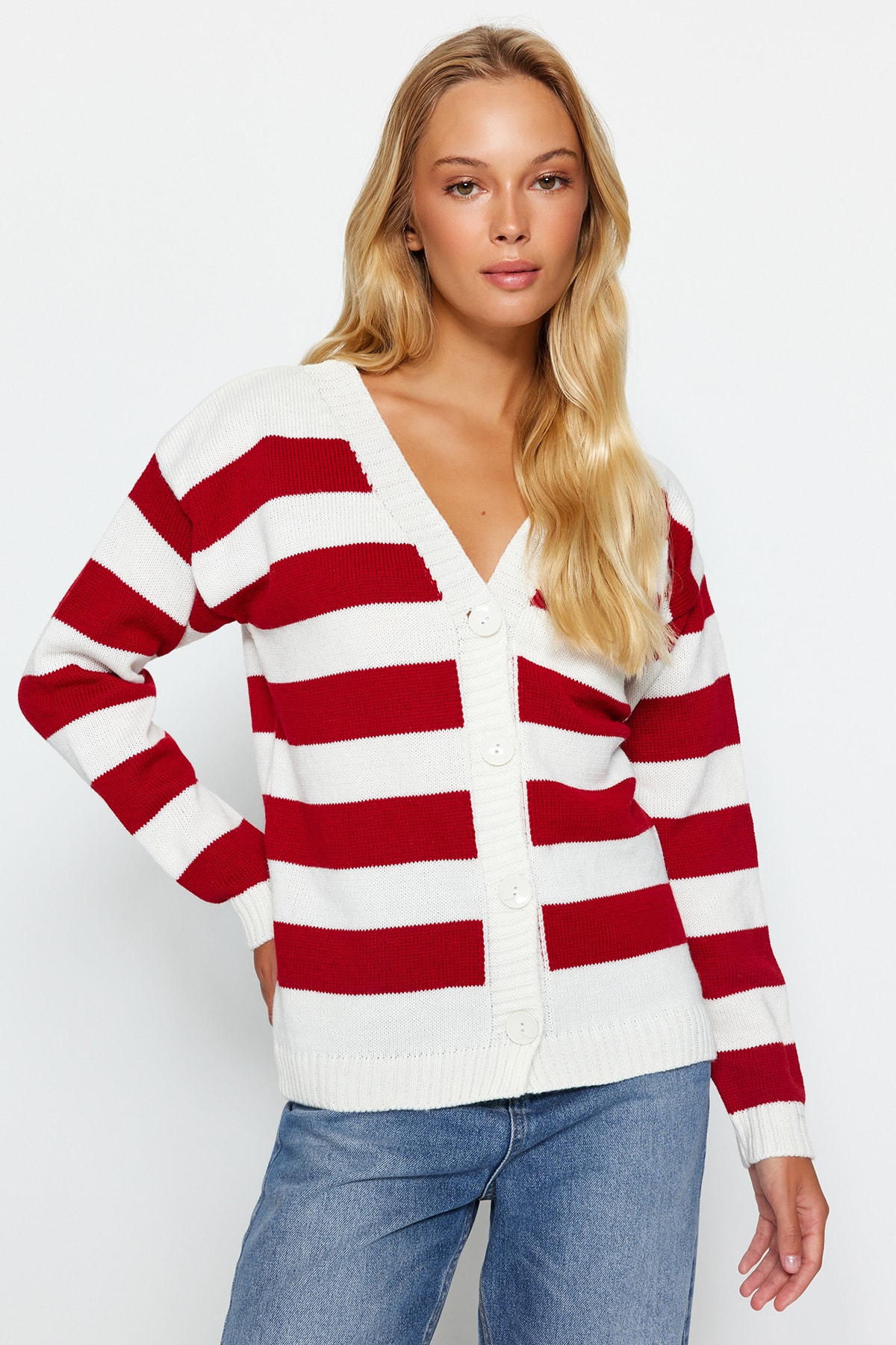 Trendyol Ecru Basic V-Neck Striped Knitwear Cardigan