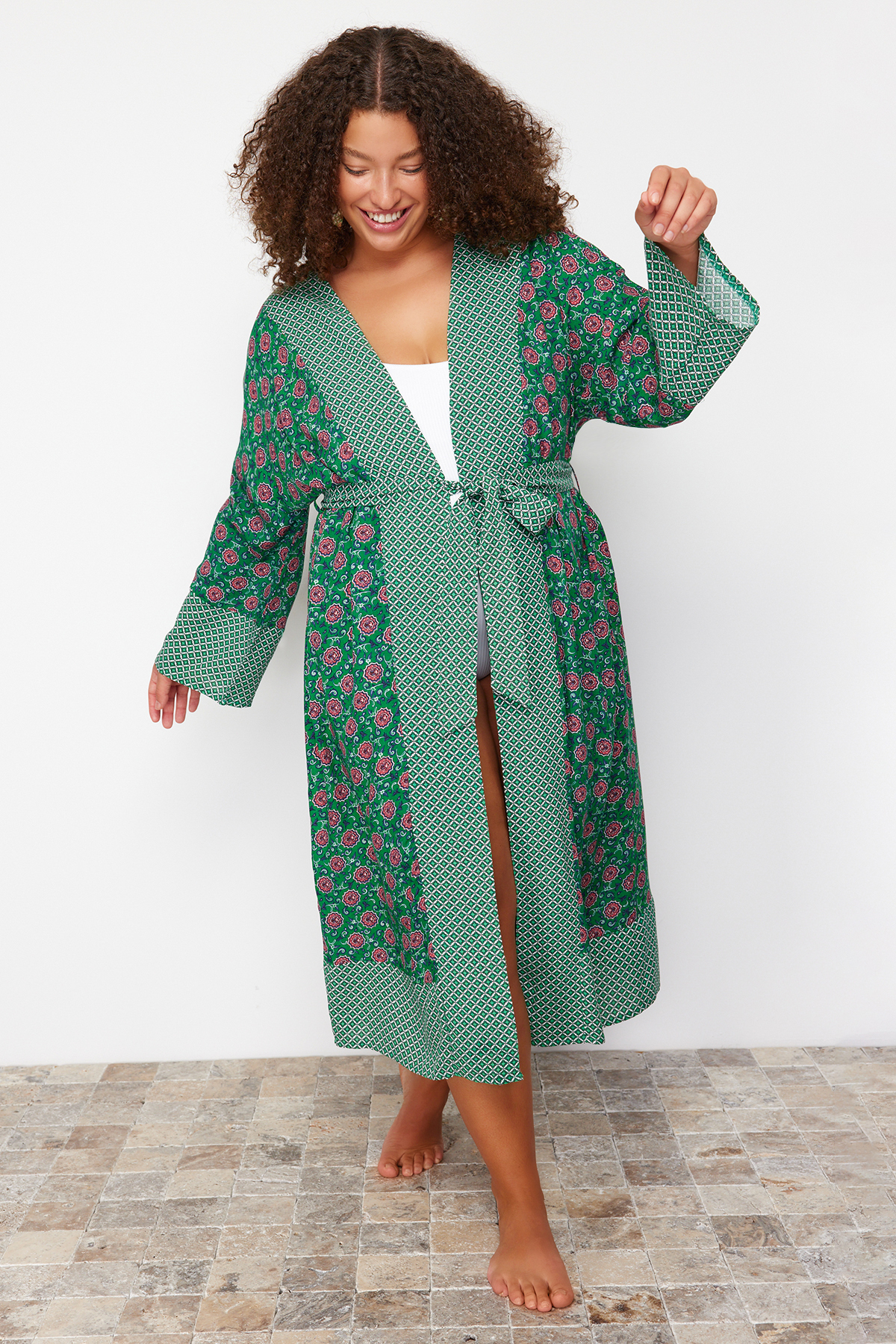 Trendyol Curve Green Ethnic Patterned Belted Maxi Woven Kimono&Kaftan