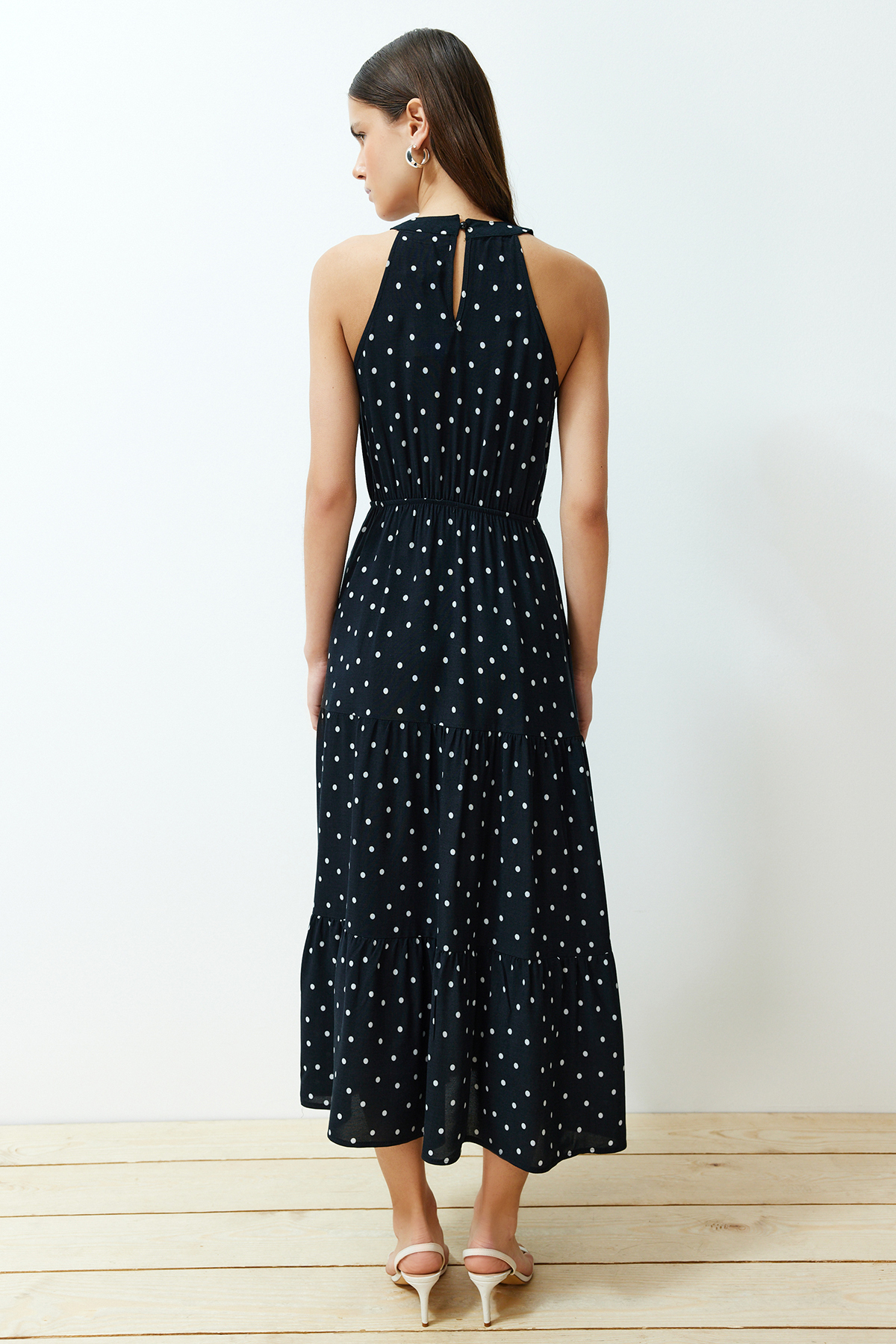 Trendyol Black Polka Dot Waist Opening Viscose Midi Woven Dress