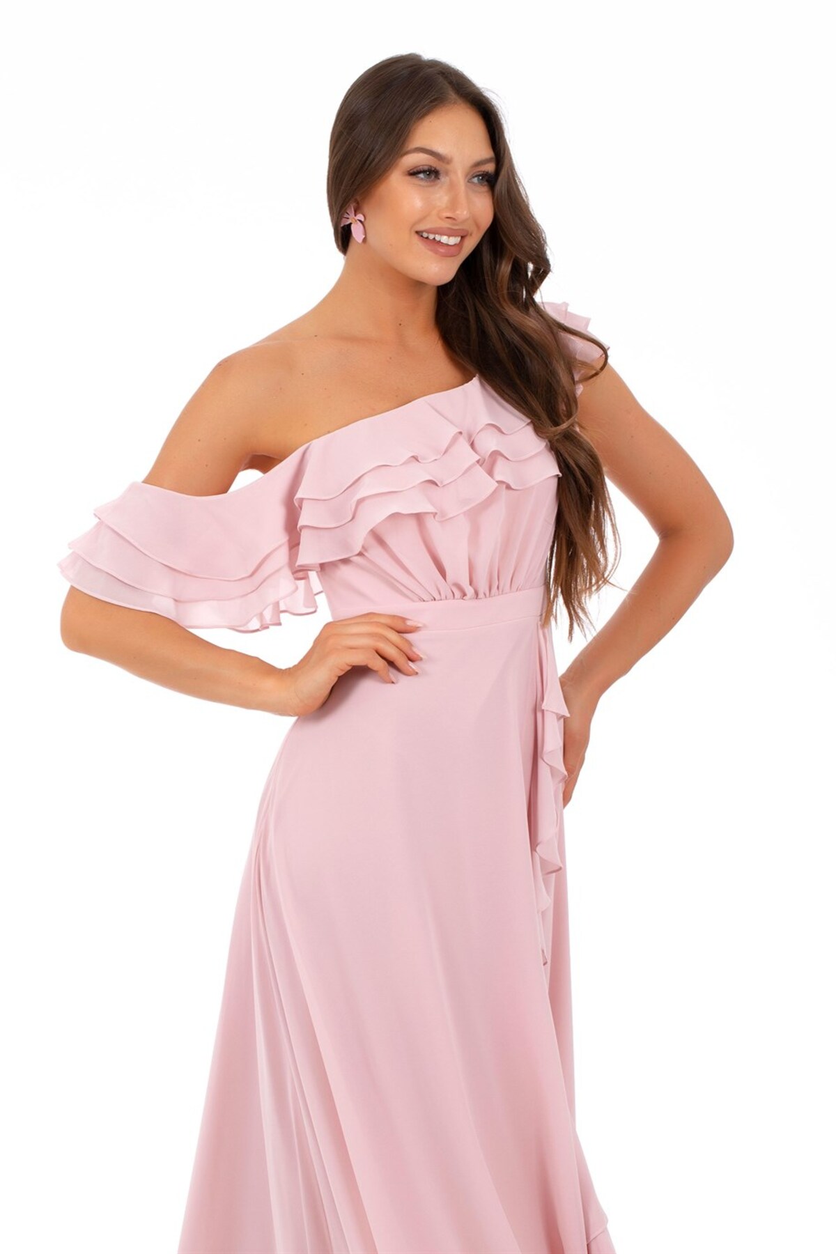 Carmen Powder Chiffon Shoulder Flounce Slit Evening Dress