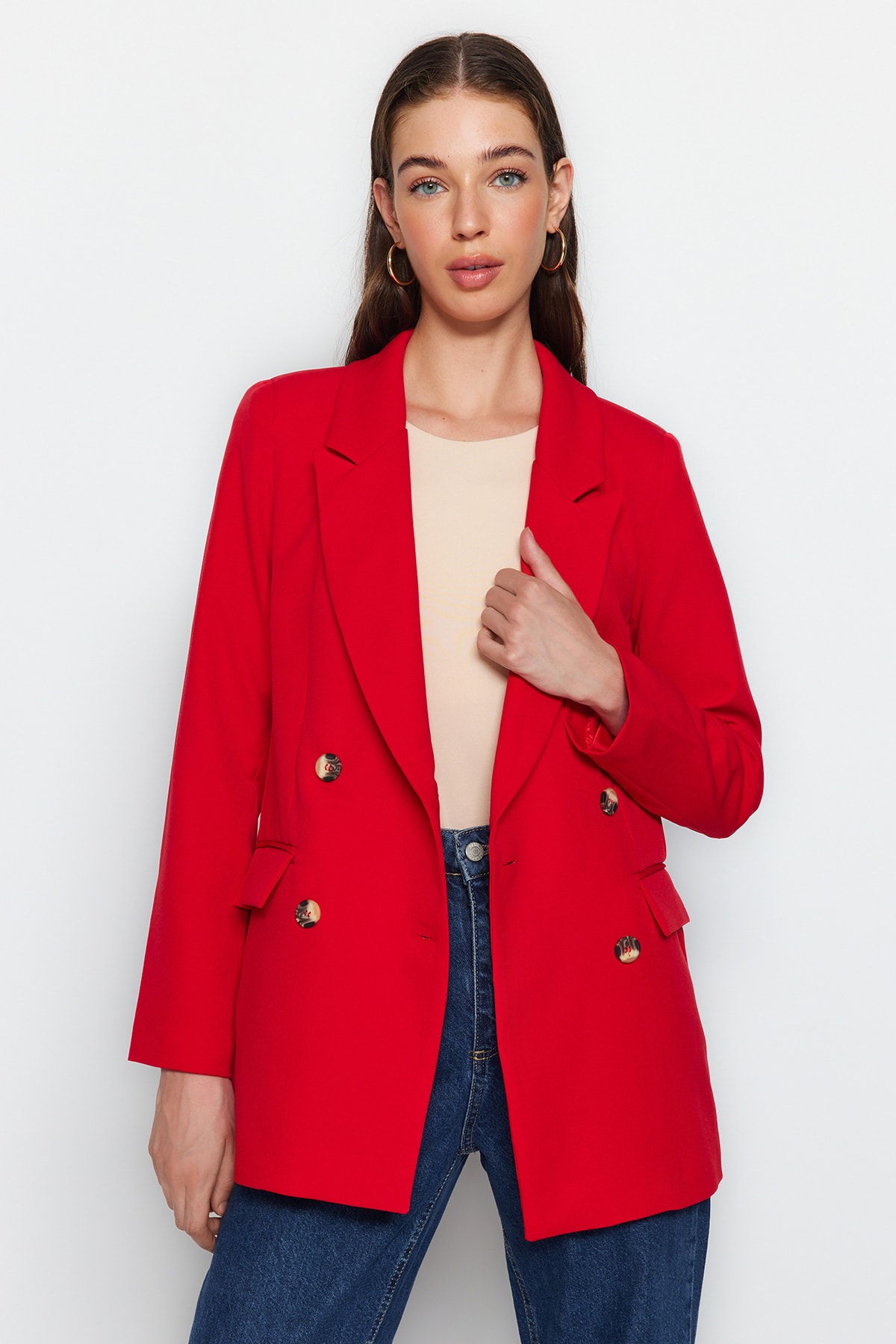 Levně Trendyol Dark Red Oversize Lined Double Breasted Closure Woven Blazer Jacket