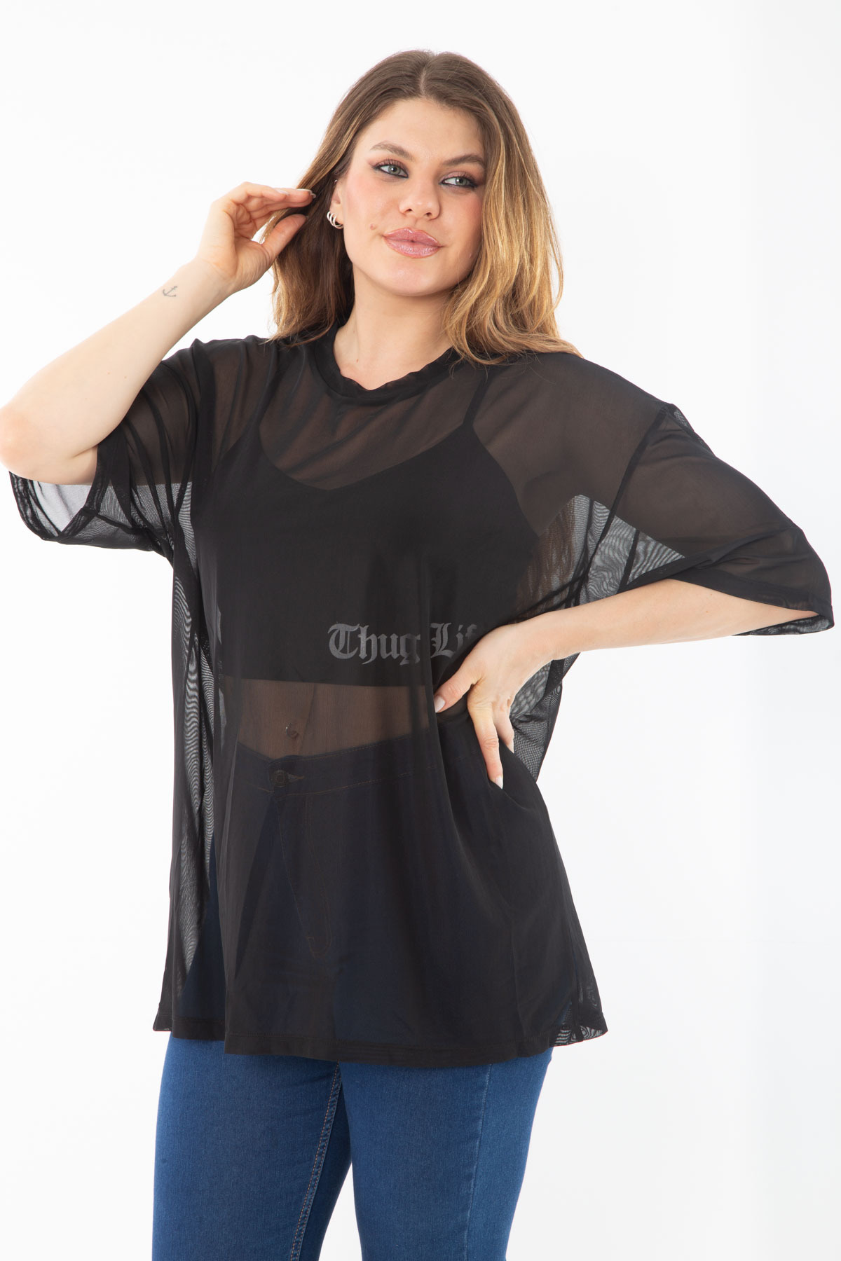 Levně Şans Women's Plus Size Black Inner Scalpel Tulle Blouse