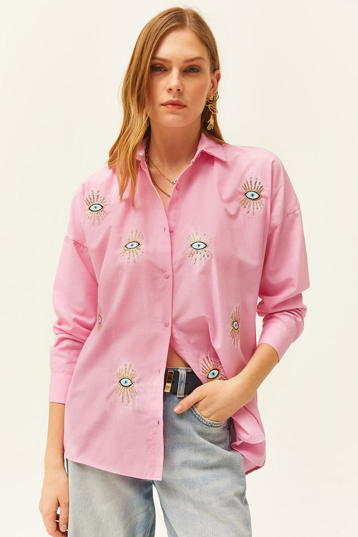 Levně Olalook Women's Candy Pink Sequin Detailed Woven Boyfriend Shirt