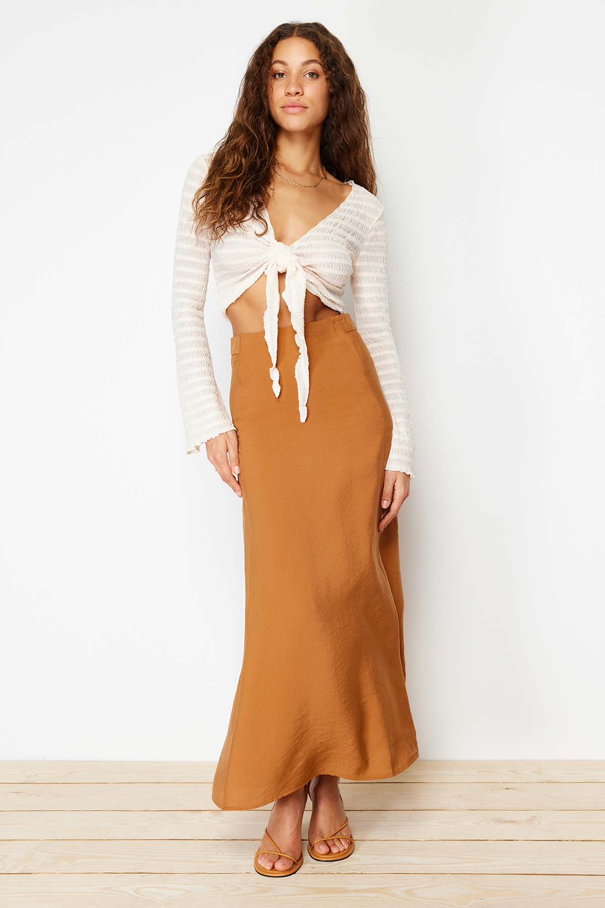 Levně Trendyol Camel Modal A-line Maxi Length Woven Skirt