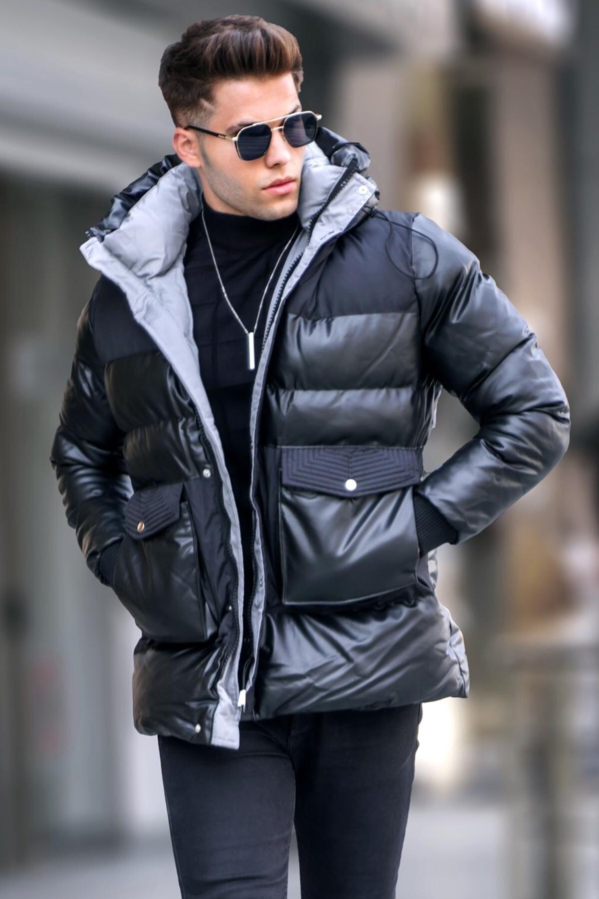 Levně Madmext Black Hooded Puffy Coat With Pocket Detailed 5744