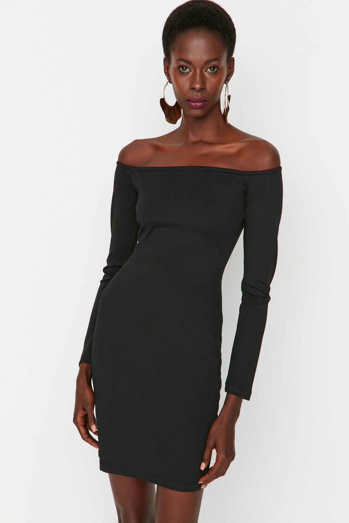 Rochie de seara tricotata detaliata cu guler negru Trendyol