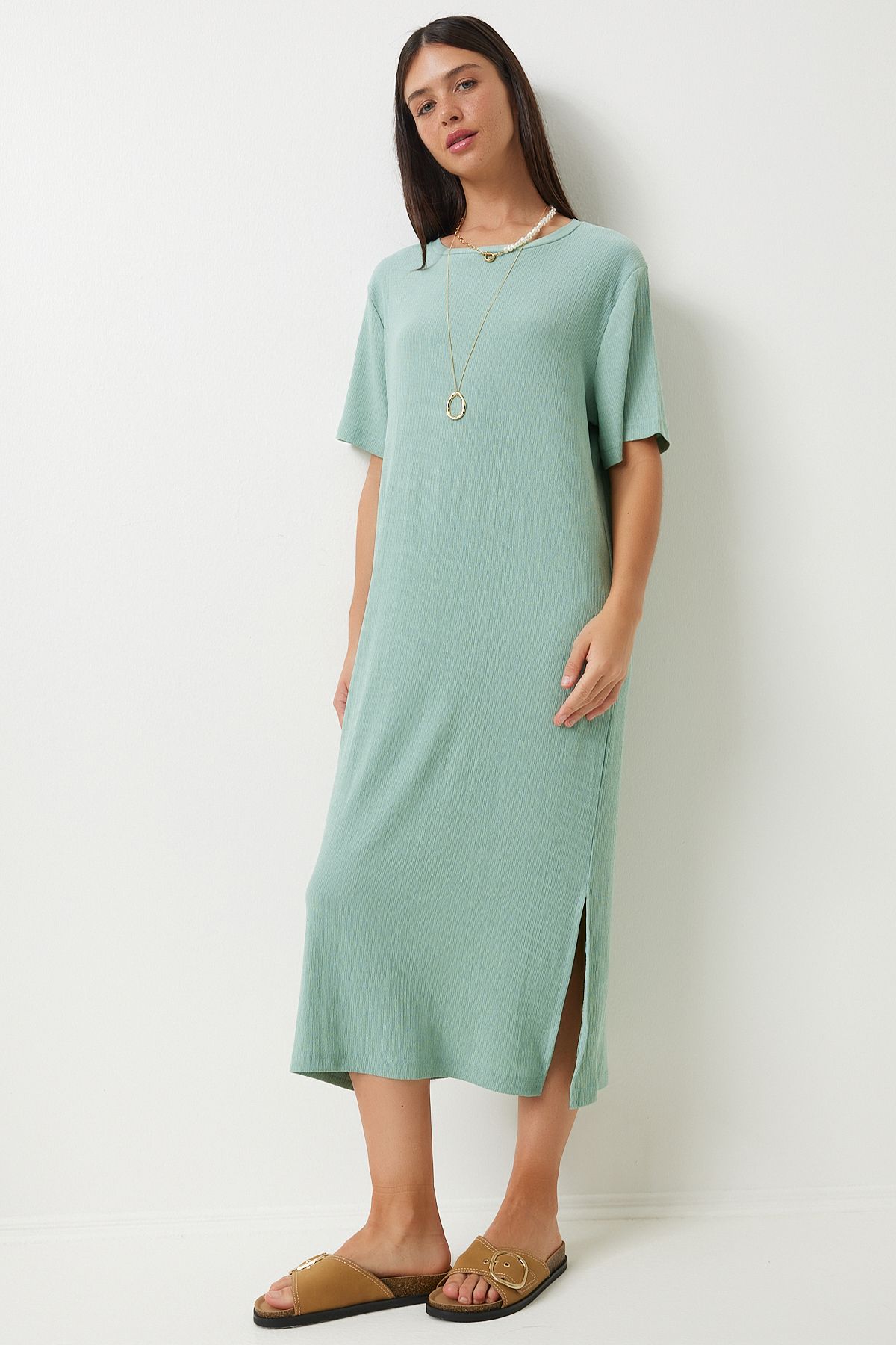 Happiness İstanbul Women's Green Loose Long Daily Summer Knitted Dress