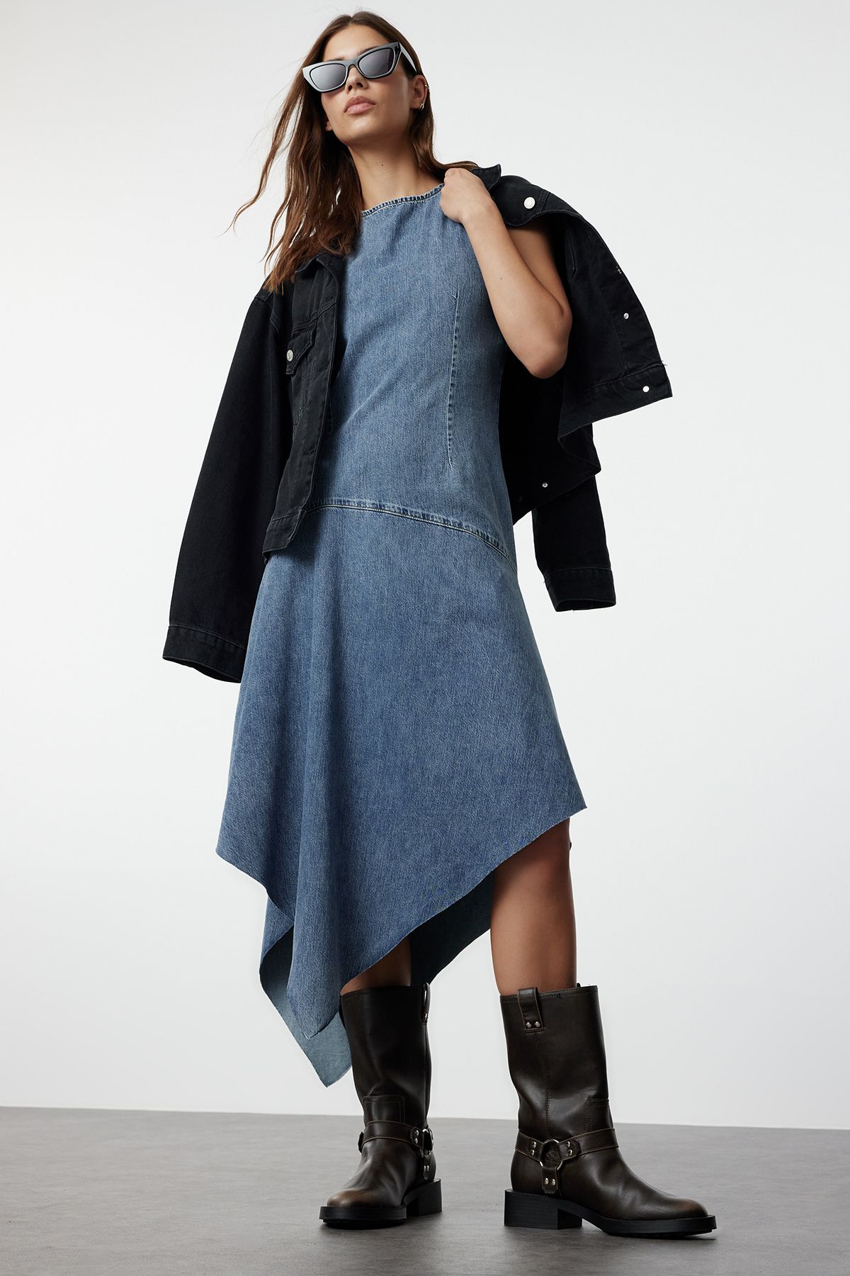 Trendyol Blue Stitching Detailed Asymmetrical Midi Denim Dress