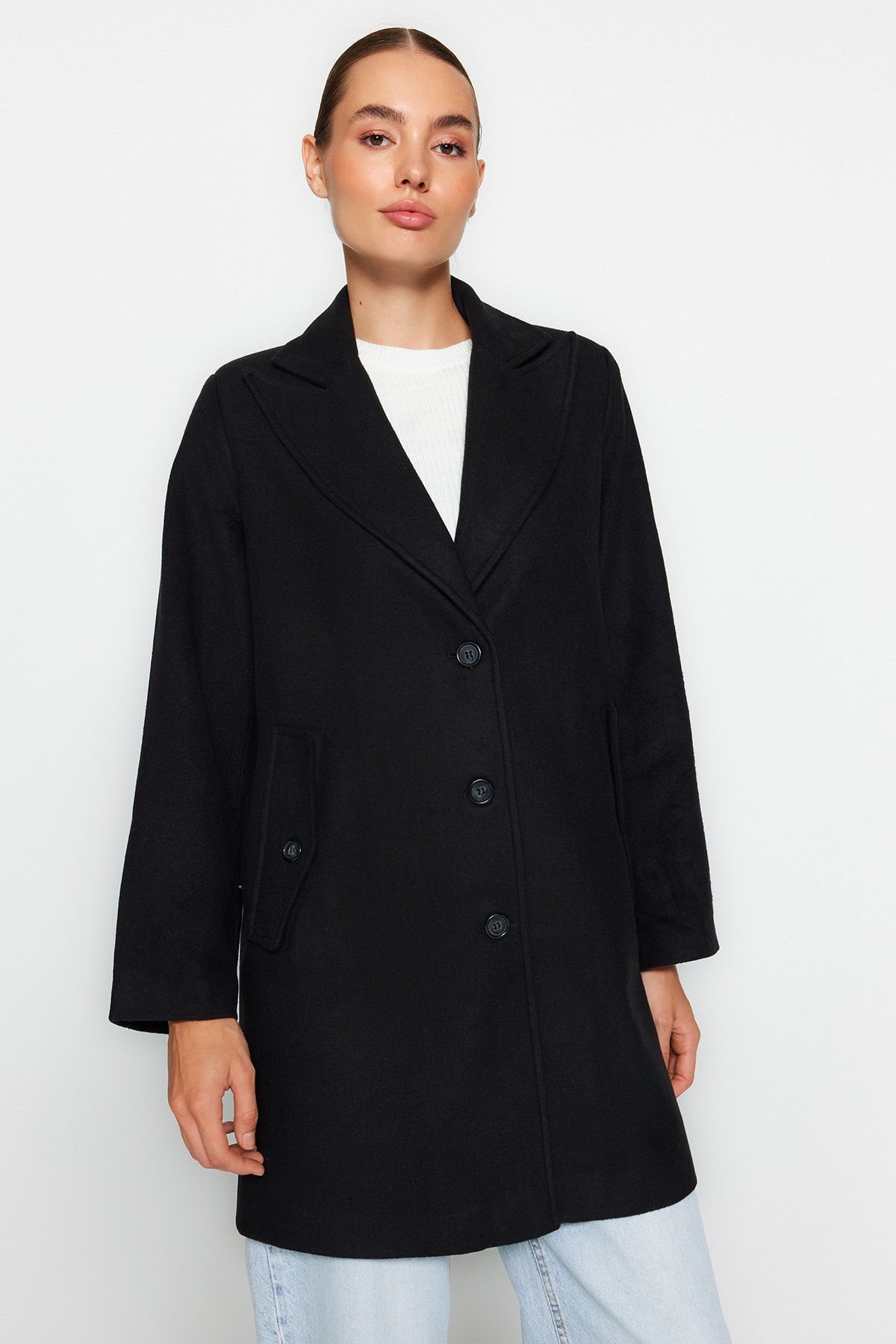 Levně Trendyol Black Premium Oversize Wide Cut Stamped Coat