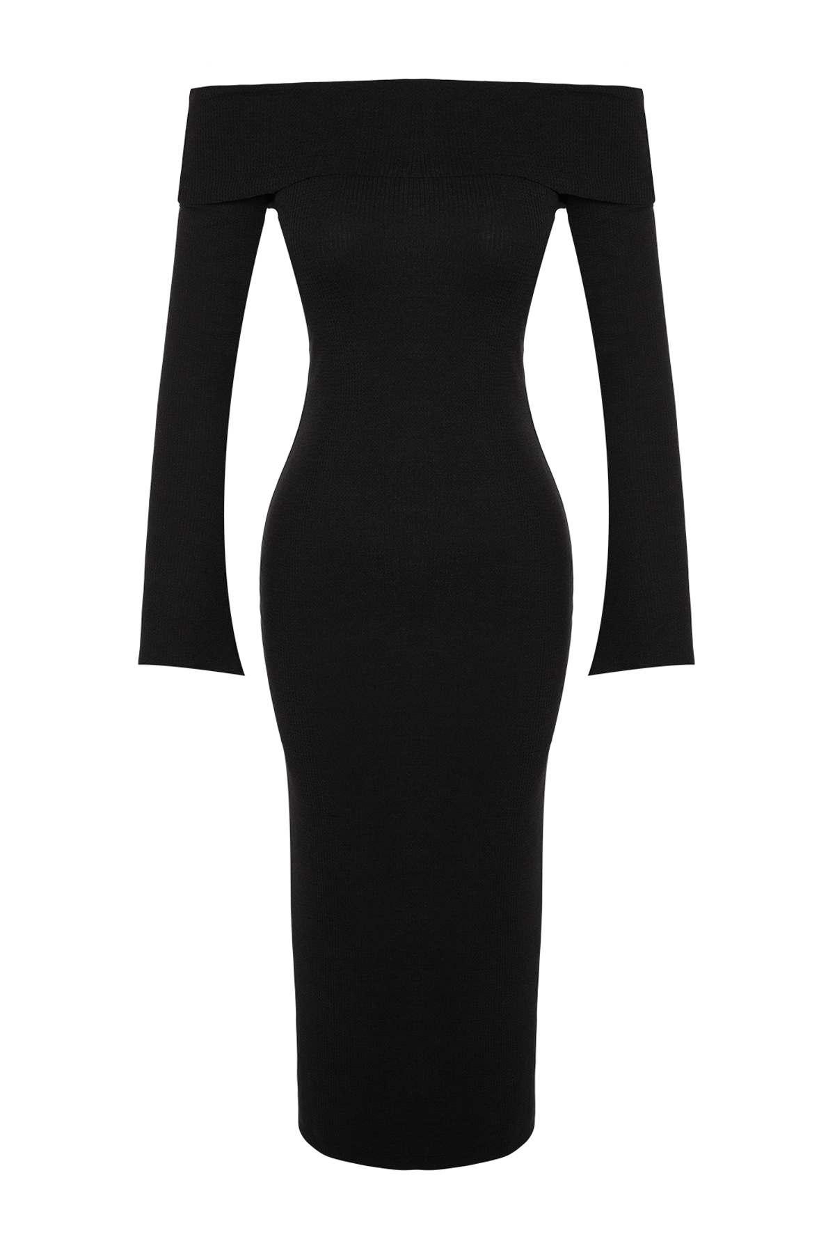 Levně Trendyol černé vypasované Carmen límec žebrované měkké texturované midi strečové pletené šaty