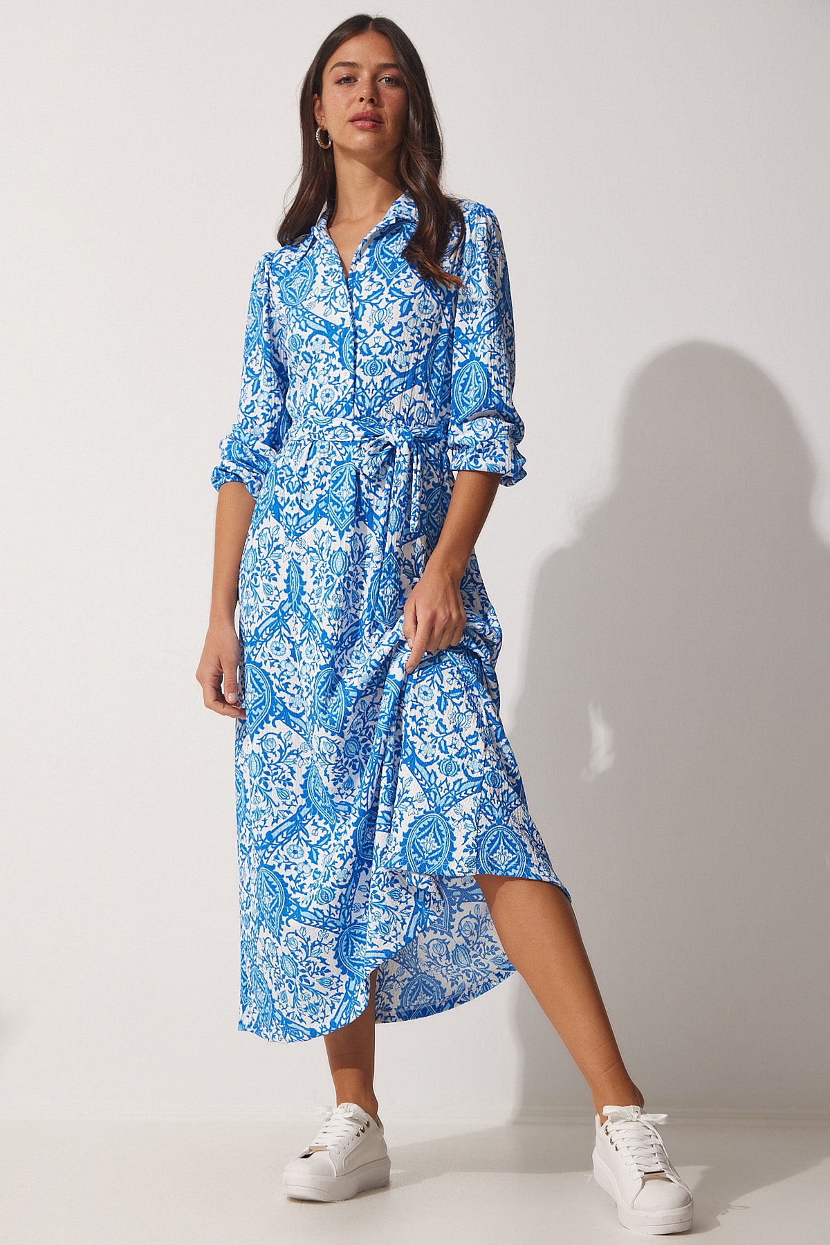 Happiness İstanbul Women's Blue Patterned Long Summer Knitted Shirt Dress