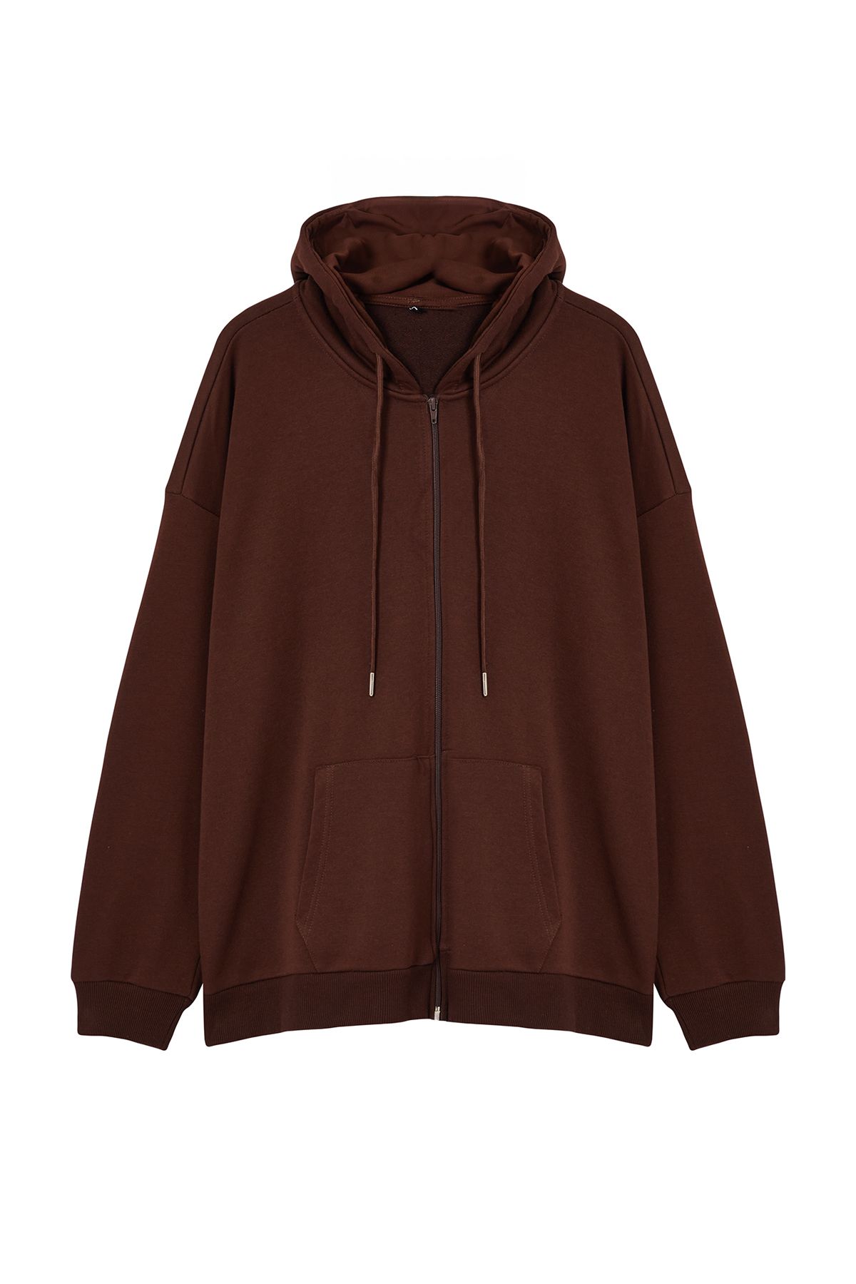 Trendyol Brown Plus Size Oversize Basic Hooded Zippered Inside Fleece Cotton Sweatshirt