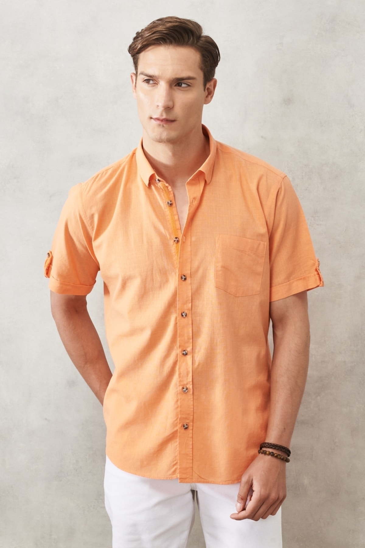 AC&Co / Altınyıldız Classics Men's Orange Comfort Fit Relaxed Cut Buttoned Collar Linen Look 100% Cotton Short Sleeve Shirt