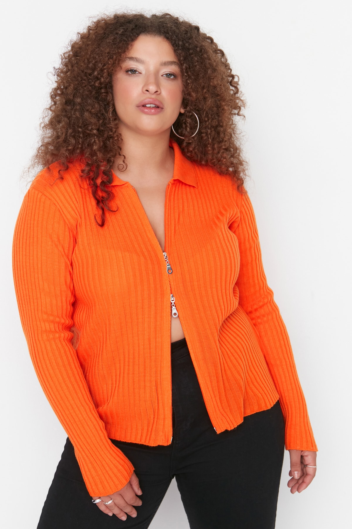 Trendyol Curve Orange Front Zipper Knitwear Cardigan