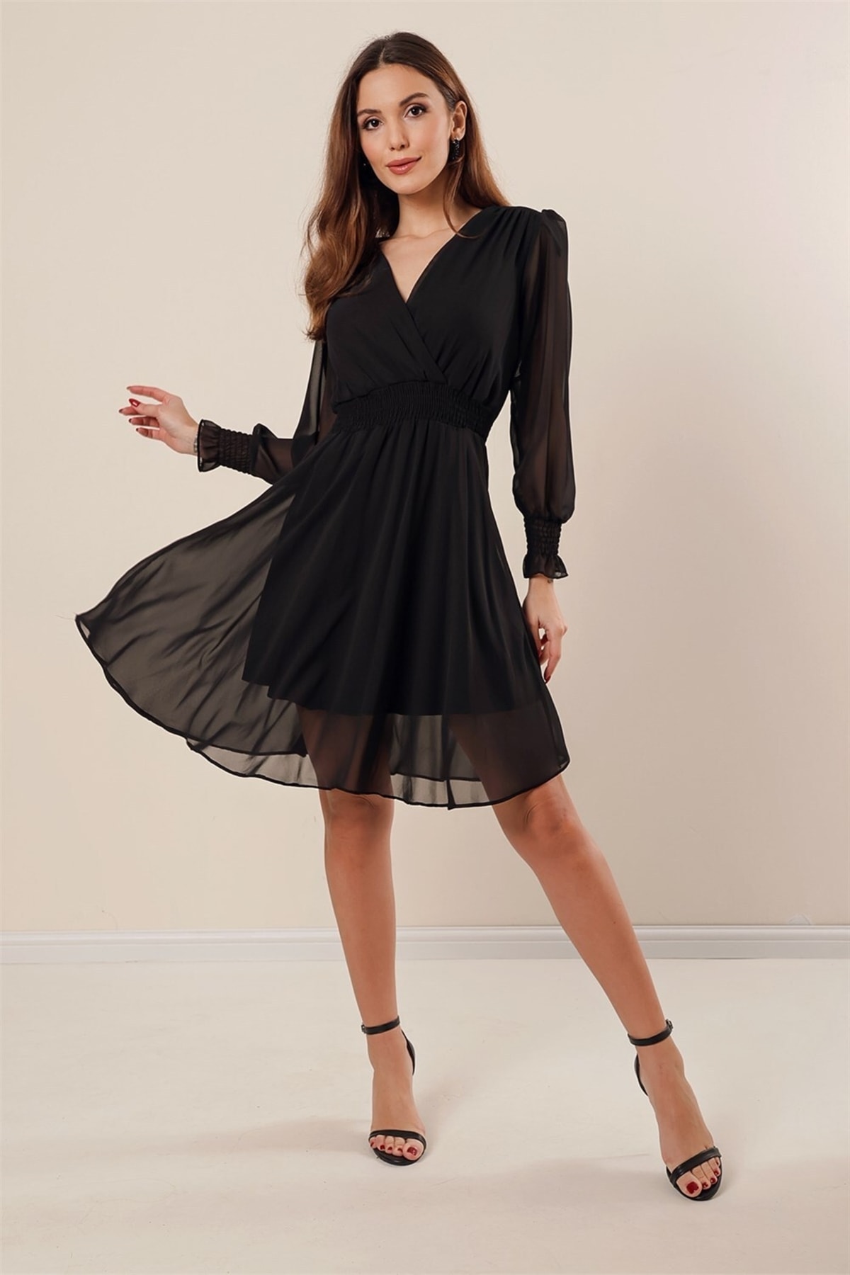 Levně By Saygı Double Breasted Collar Waist And Sleeve Ends Guiped Lined Short Chiffon Dress