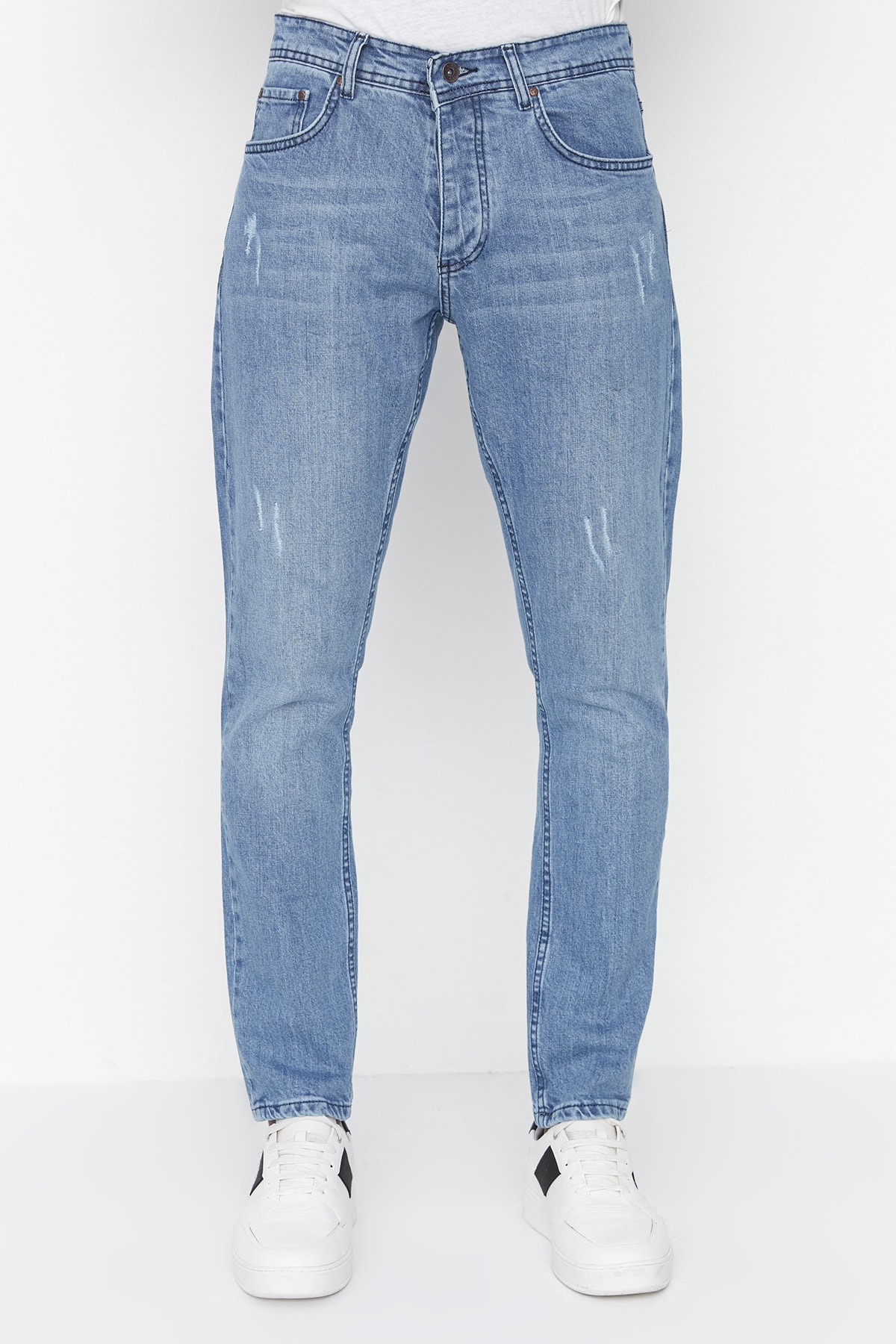 Trendyol Light Blue Men's Flexible Fabric Scratched Destroyed Slim Fit Jeans Denim Trousers