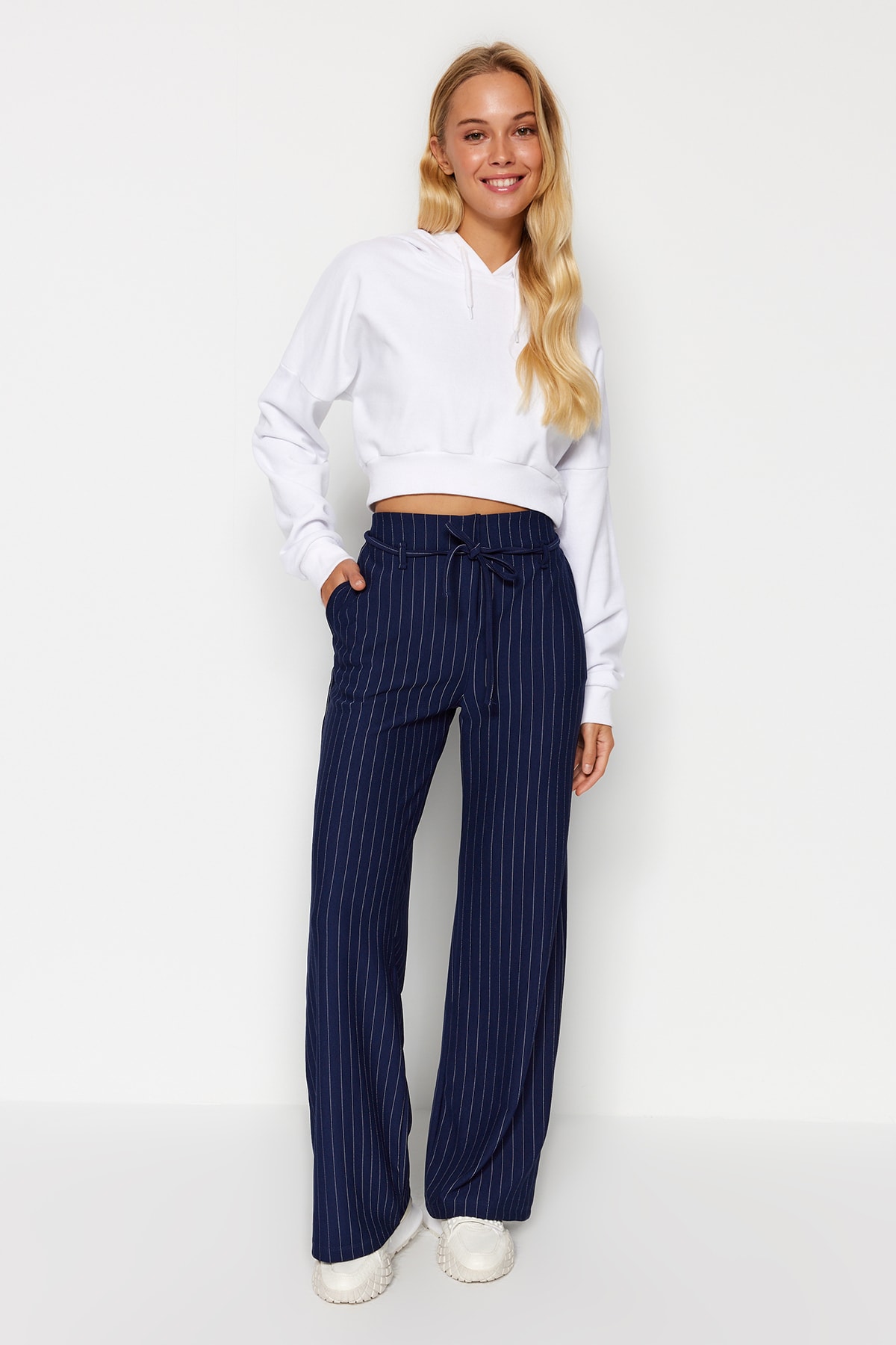 Trendyol Navy Blue Striped Belt Detailed Relaxed Cut Wide Leg Flexible Knit Trousers
