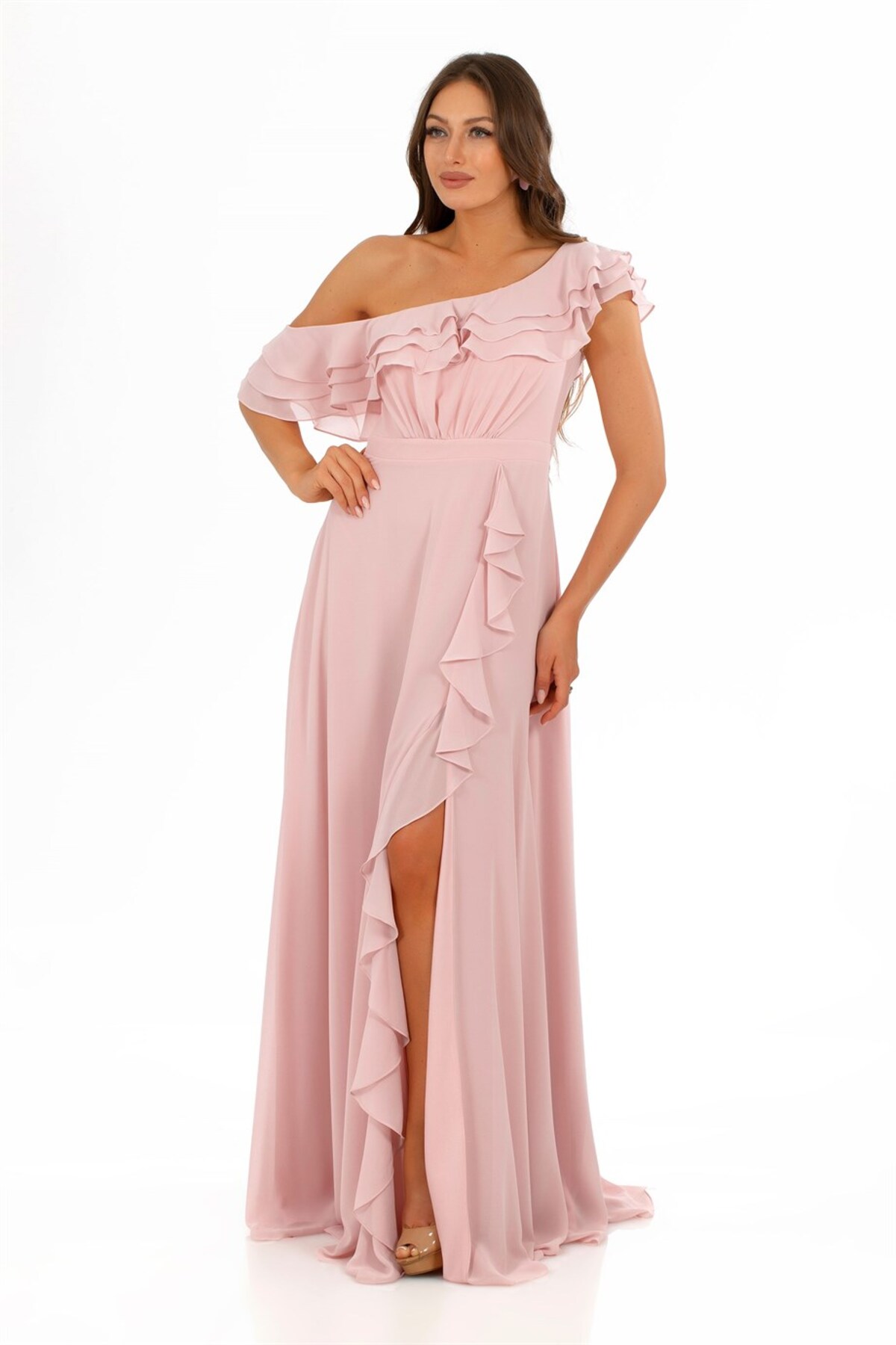 Carmen Powder Chiffon Shoulder Flounce Slit Evening Dress