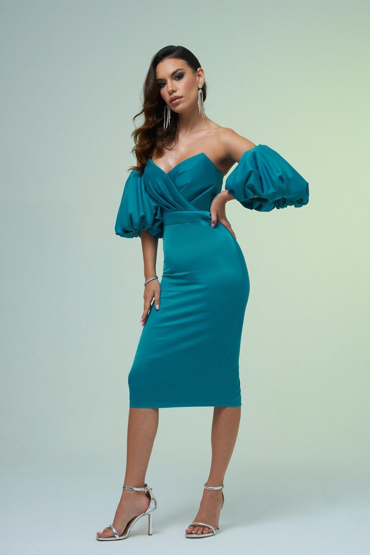 Carmen Petrol Satin Balloon Sleeve Short Evening Dress