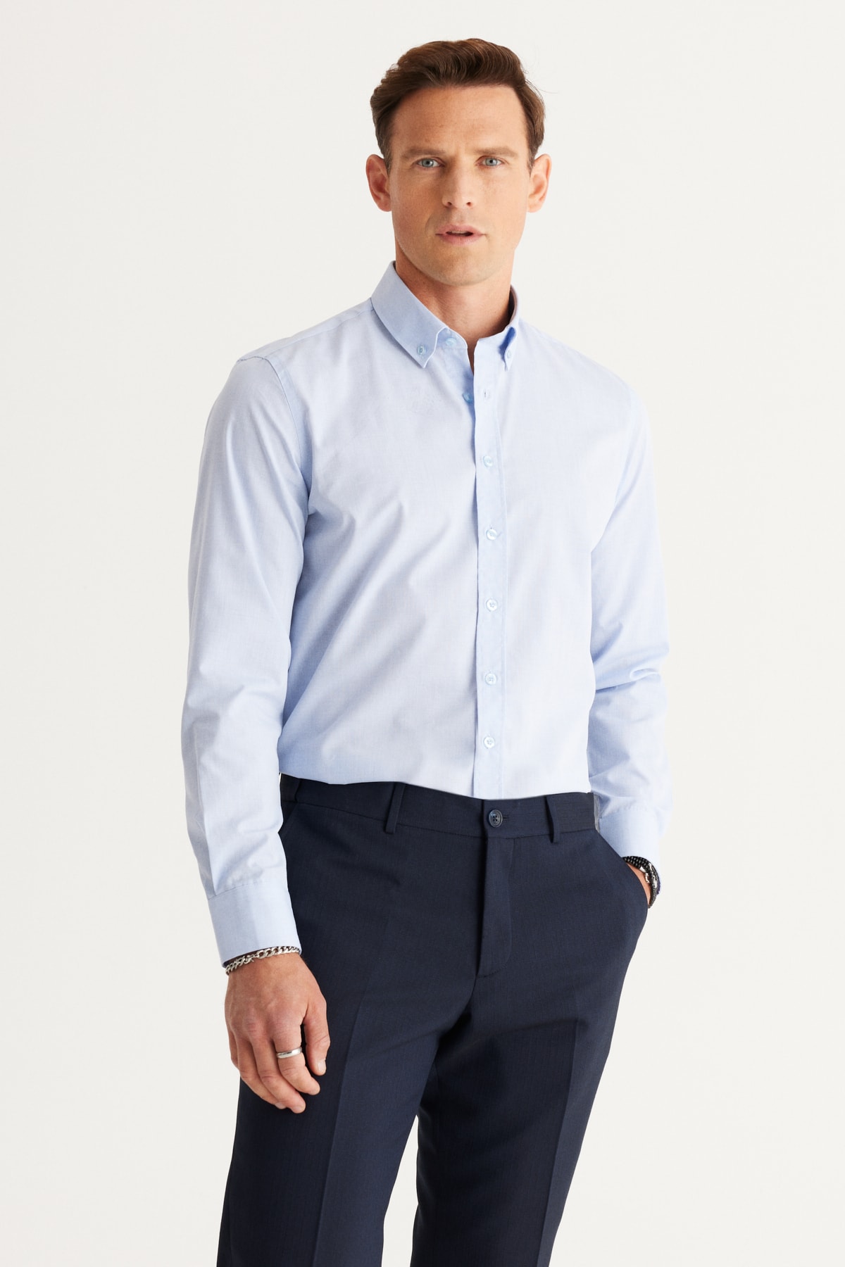 Levně ALTINYILDIZ CLASSICS Men's Light Blue Slim Fit Slim Fit Shirt with Buttons and Collar Pattern
