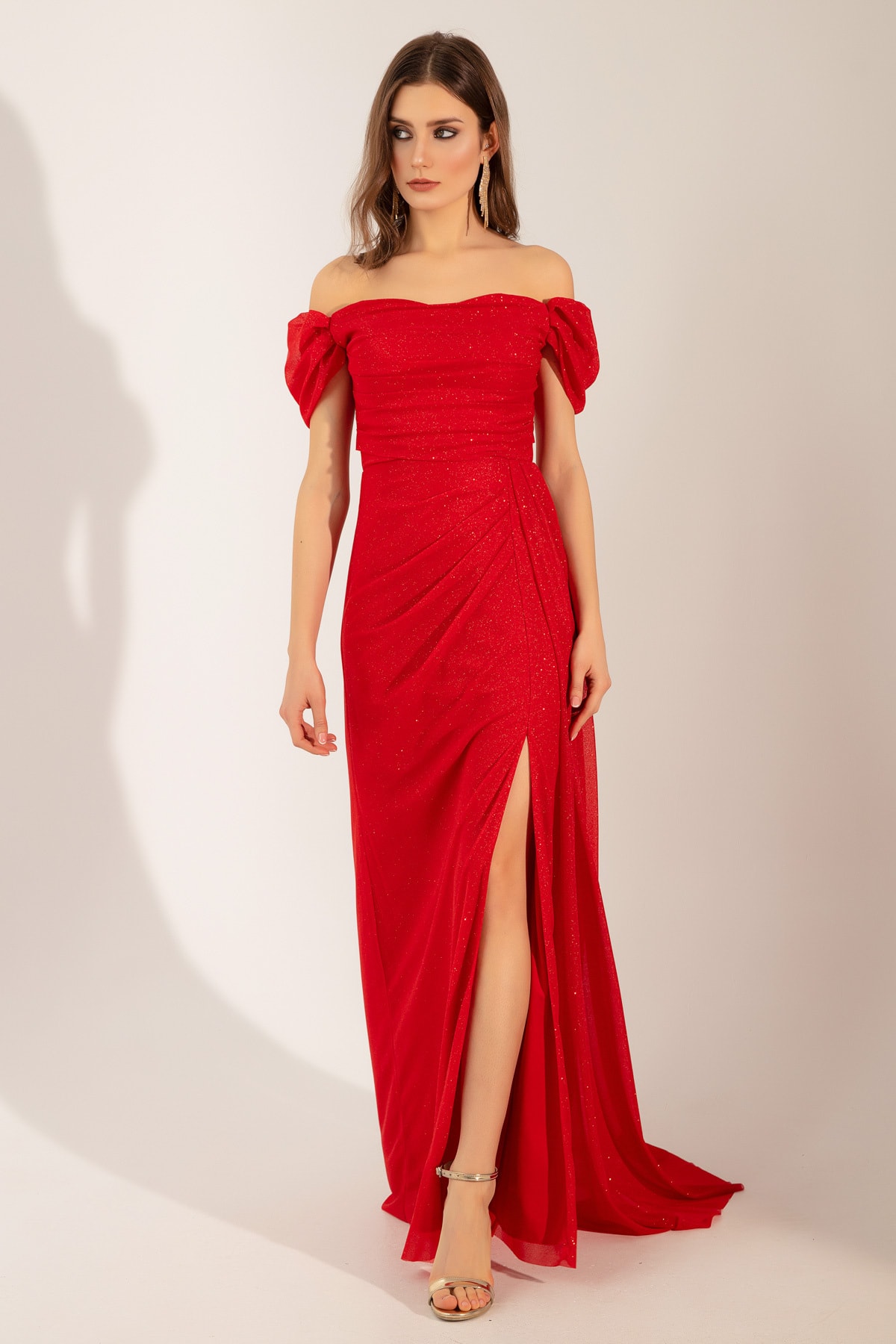 Lafaba Women's Red Boat Collar Draped Long Glittery Evening Dress with a Slit