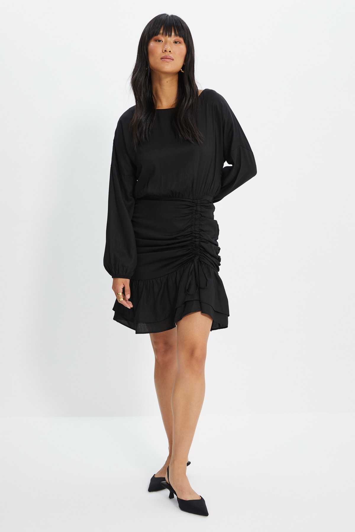 Trendyol Black Pleated Ruffle Dress