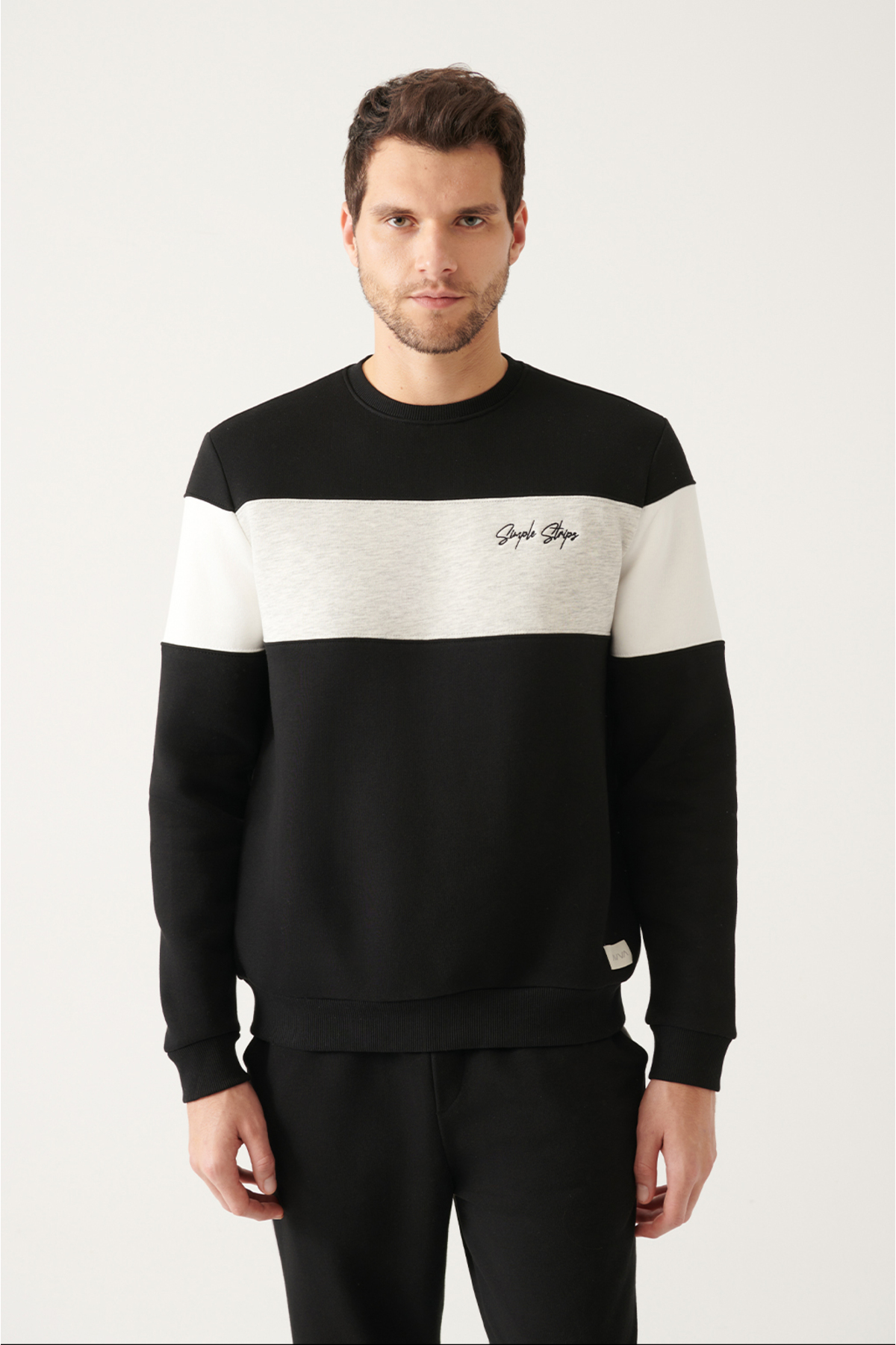 Avva Men's Black Crew Neck 3-thread Fleece Block Color Printed Standard Fit Regular Cut Sweatshirt